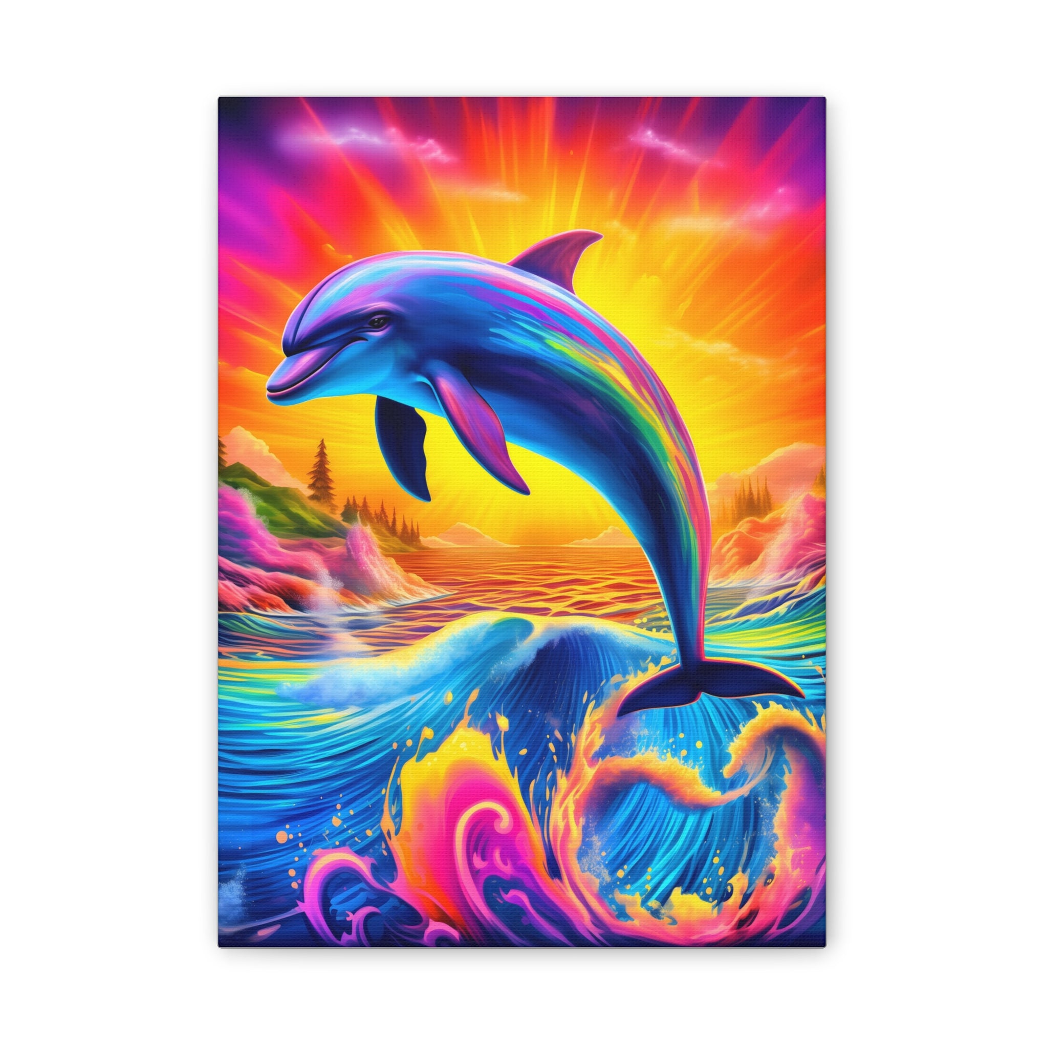 Ride the Waves of Imagination: Psychedelic Dolphin Rainbow Canvas Stretched, 0.75"