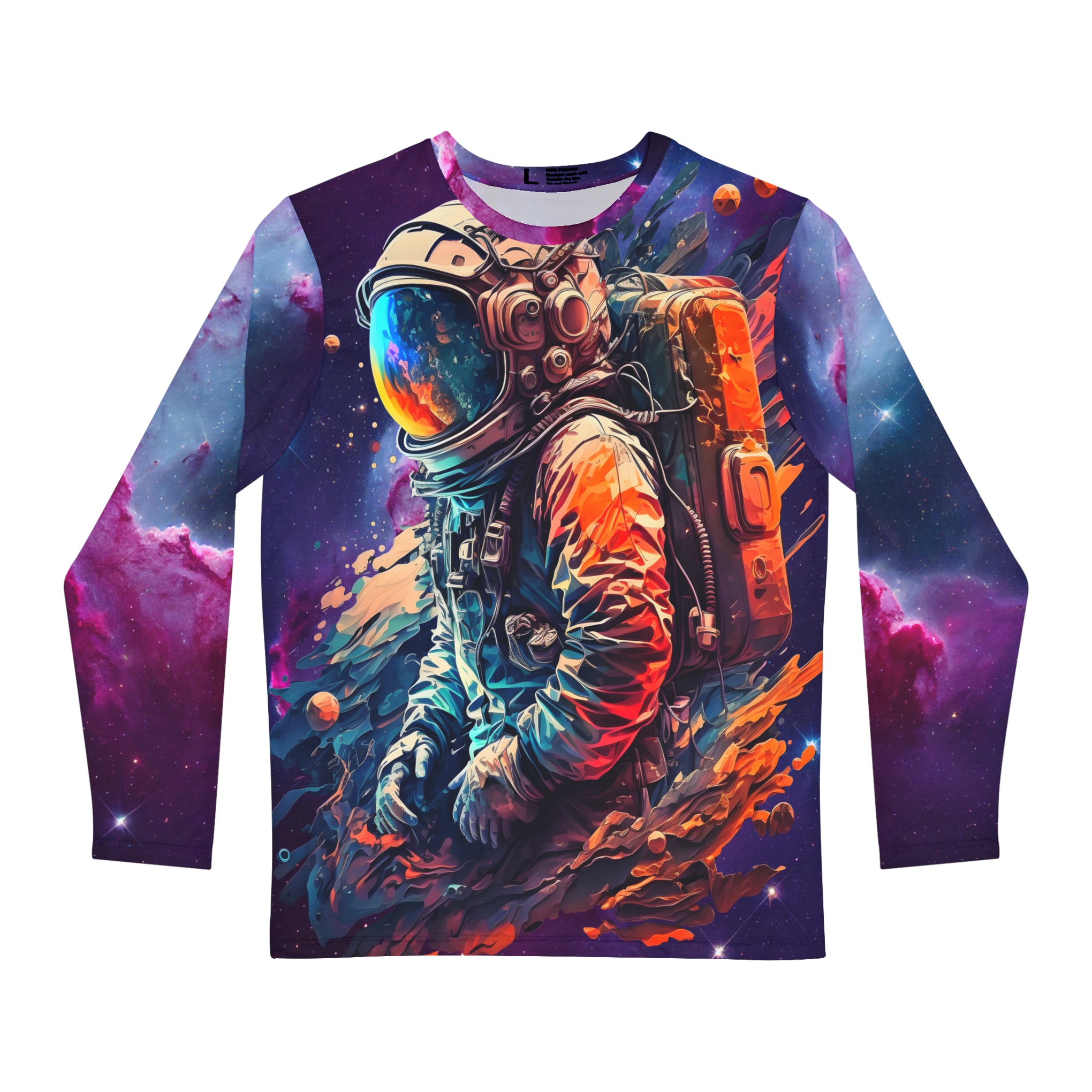 Starstruck Voyager: Explore the Cosmos in This Glowing Astronaut Longsleeve | Men's Long Sleeve Shirt (AOP)