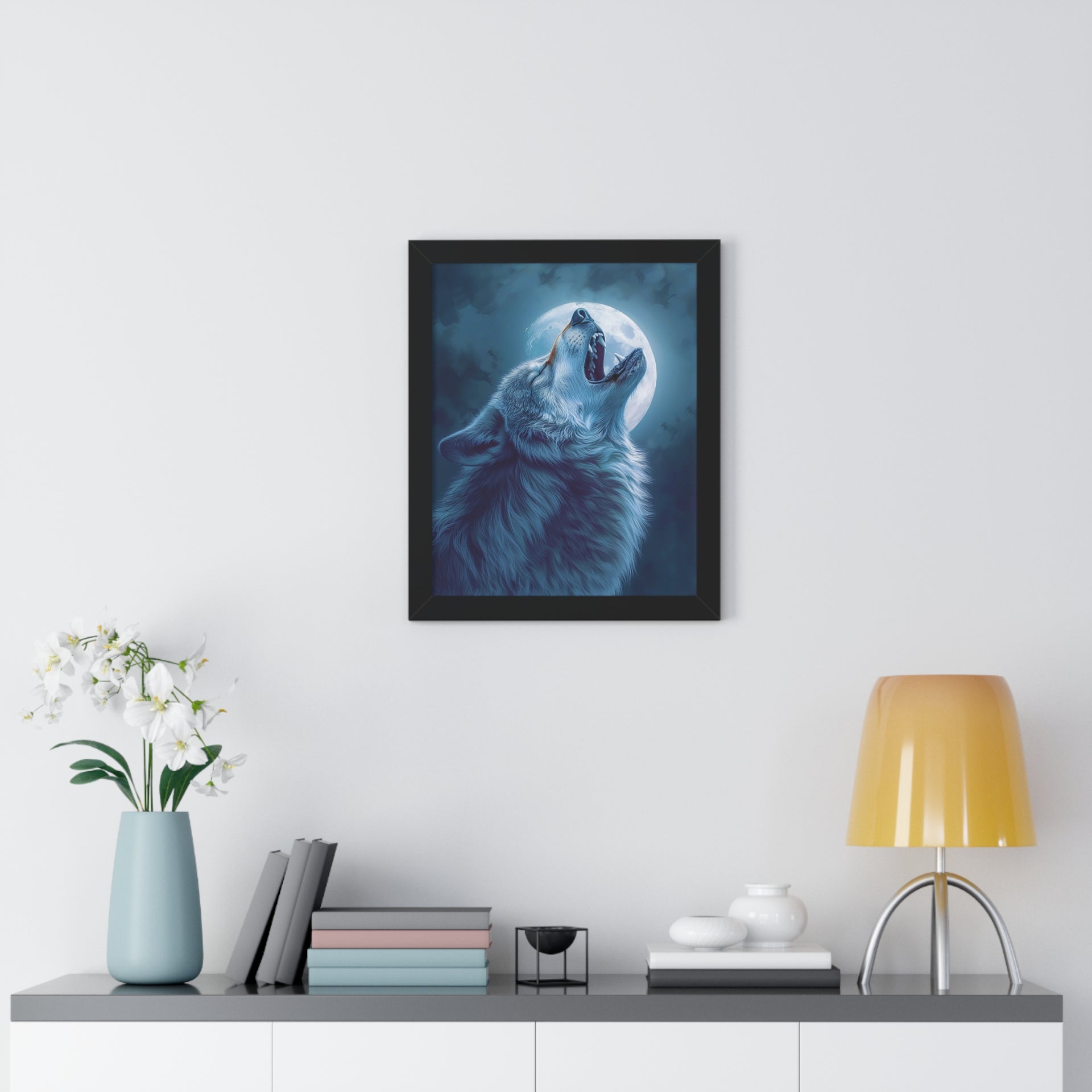 Midnight Howl: Epic Fantasy Wolf Poster Framed Vertical Poster