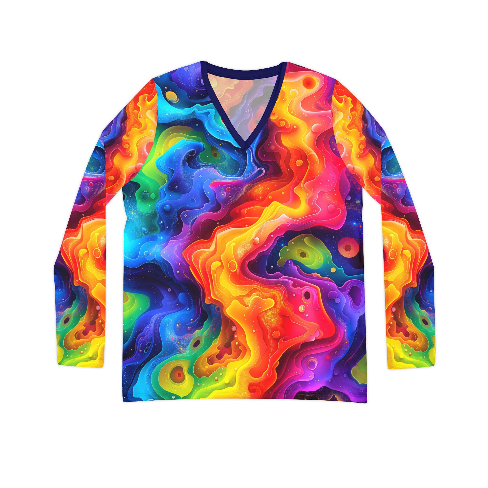 Radiant Rainbow Delight: Lisa Frank Inspired Long Sleeve V-neck for Vibrant Souls! | Women's Long Sleeve V-neck Shirt (AOP)