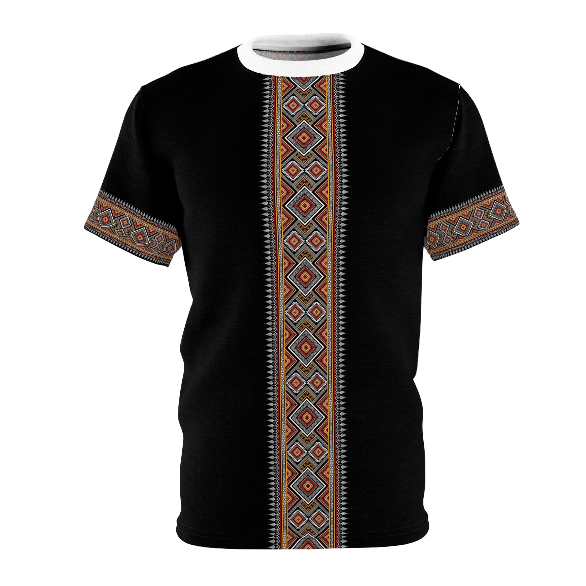 Ethiopian Diamond Symphony: Unisex Cut & Sew Tee with Vibrant Geometric Patterns