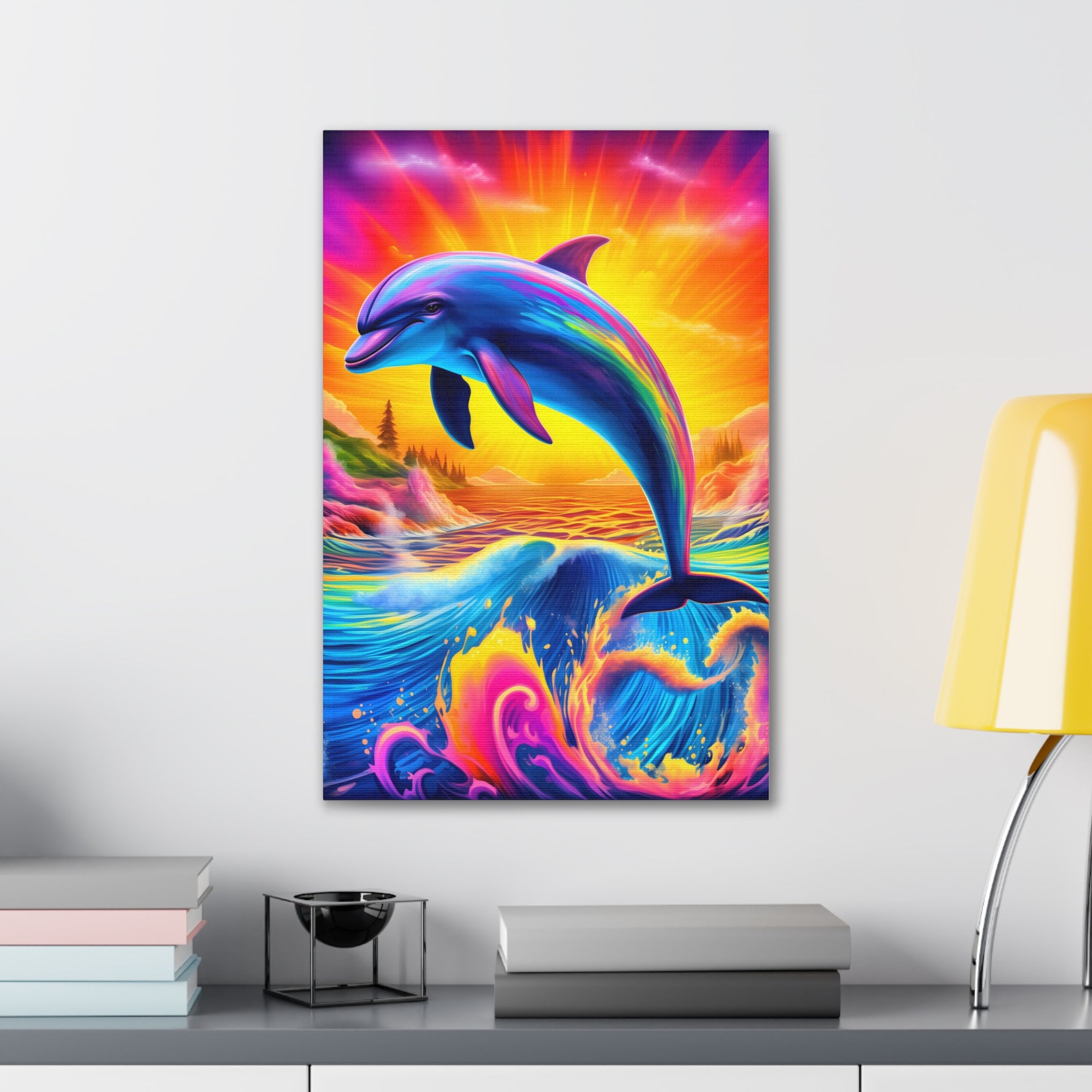 Ride the Waves of Imagination: Psychedelic Dolphin Rainbow Canvas Stretched, 0.75"