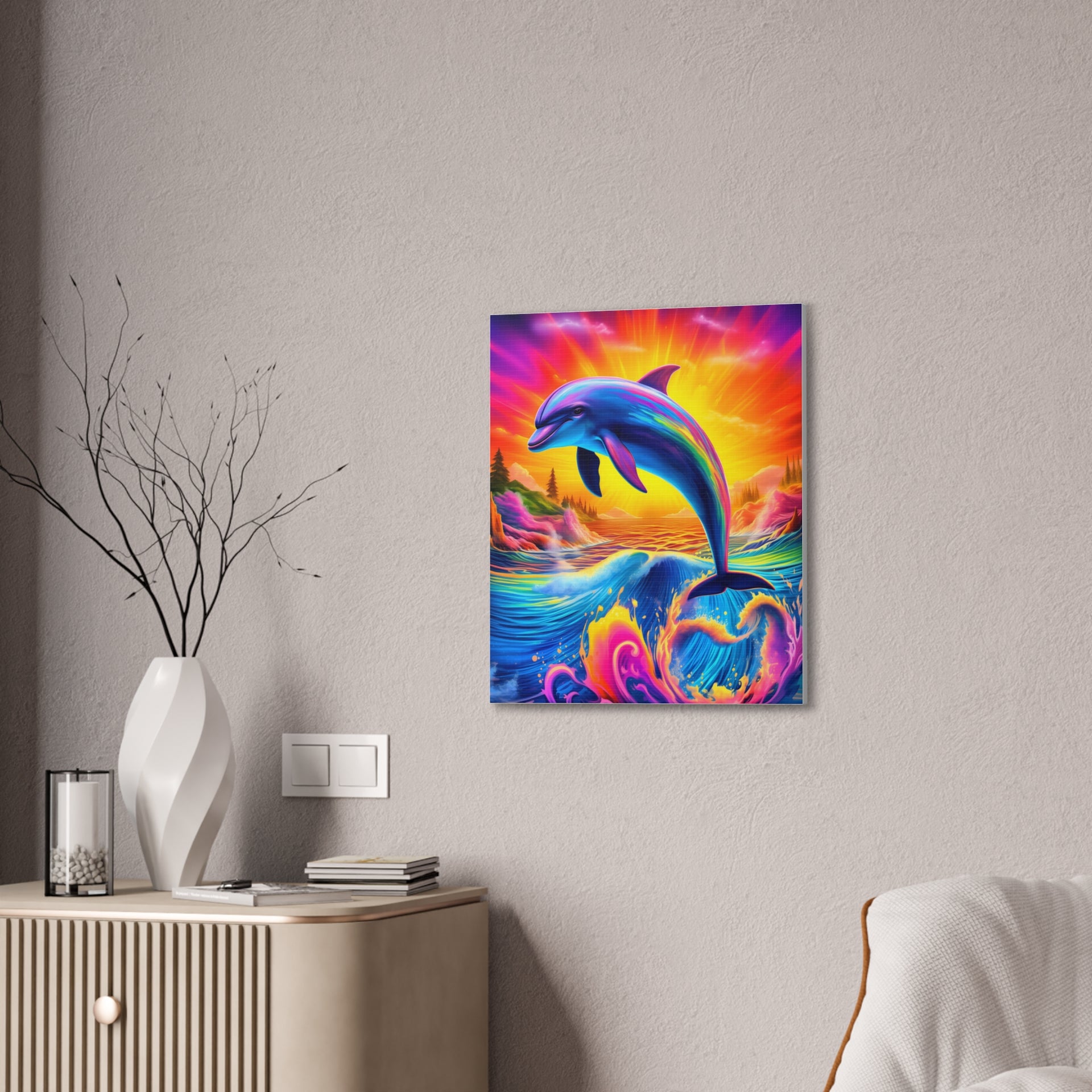 Ride the Waves of Imagination: Psychedelic Dolphin Rainbow Canvas Stretched, 0.75"