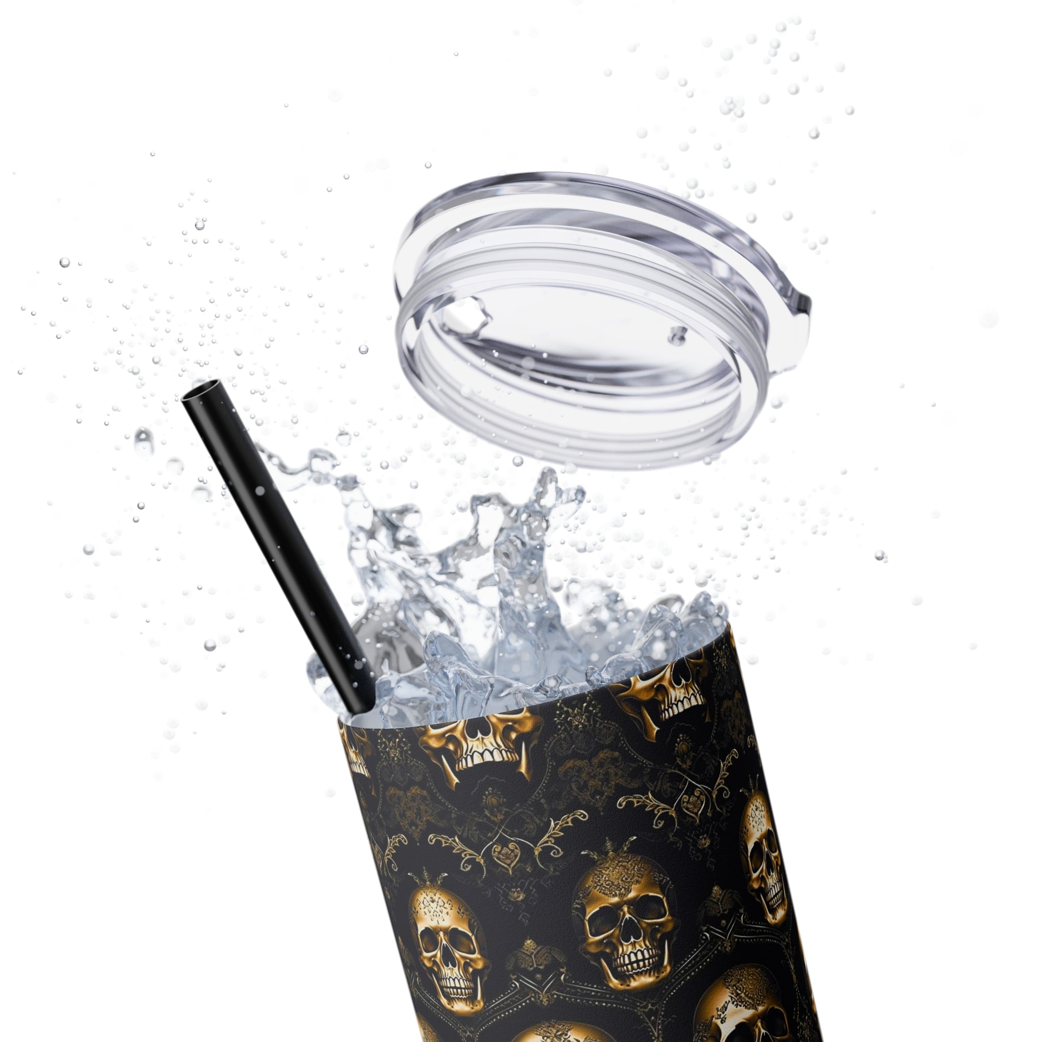 Elegance Meets Edge: The Sparkling Skull Skinny Tumbler with Straw, 20oz