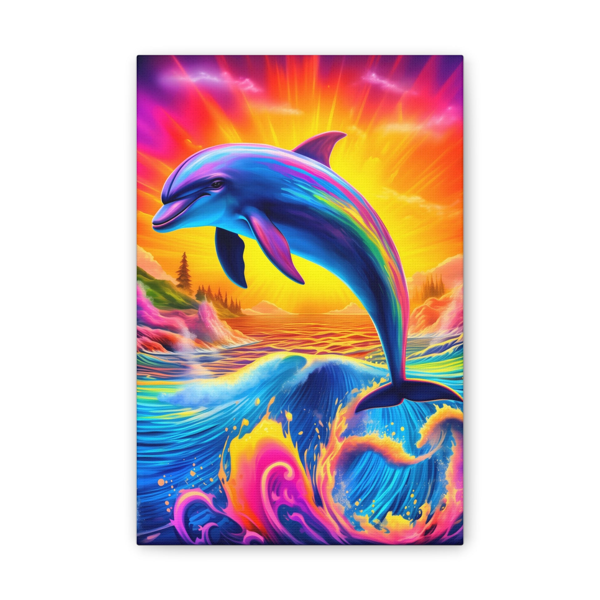 Ride the Waves of Imagination: Psychedelic Dolphin Rainbow Canvas Stretched, 0.75"