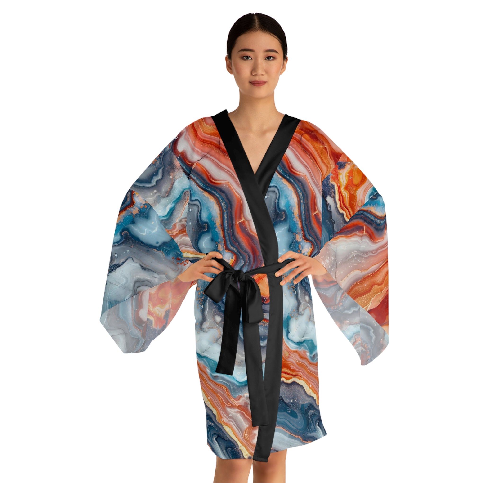 Unveiling Beauty: Immerse Yourself in Impressionistic Marble with This Luxe Kimono Robe | Long Sleeve Kimono Robe (AOP)