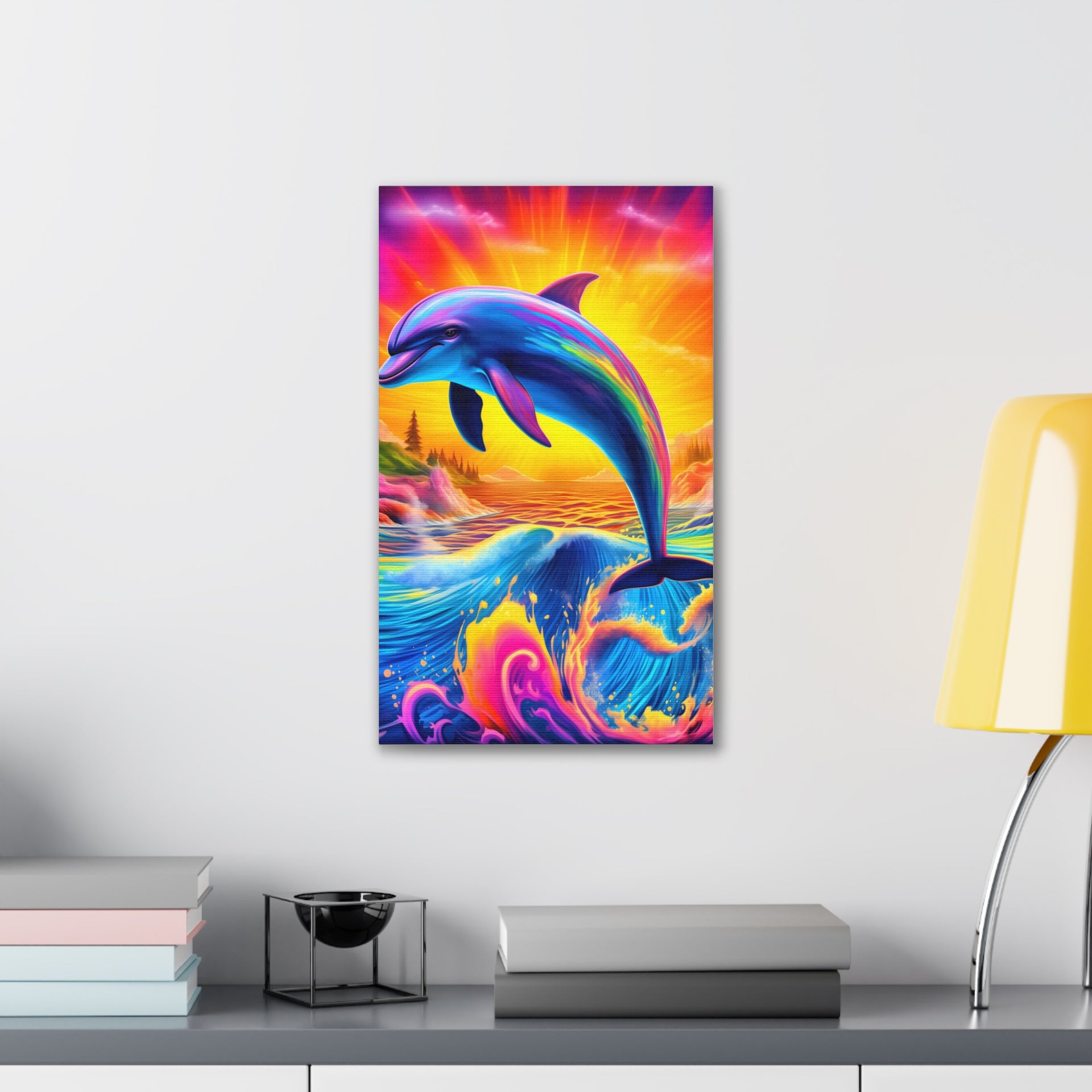 Ride the Waves of Imagination: Psychedelic Dolphin Rainbow Canvas Stretched, 0.75"