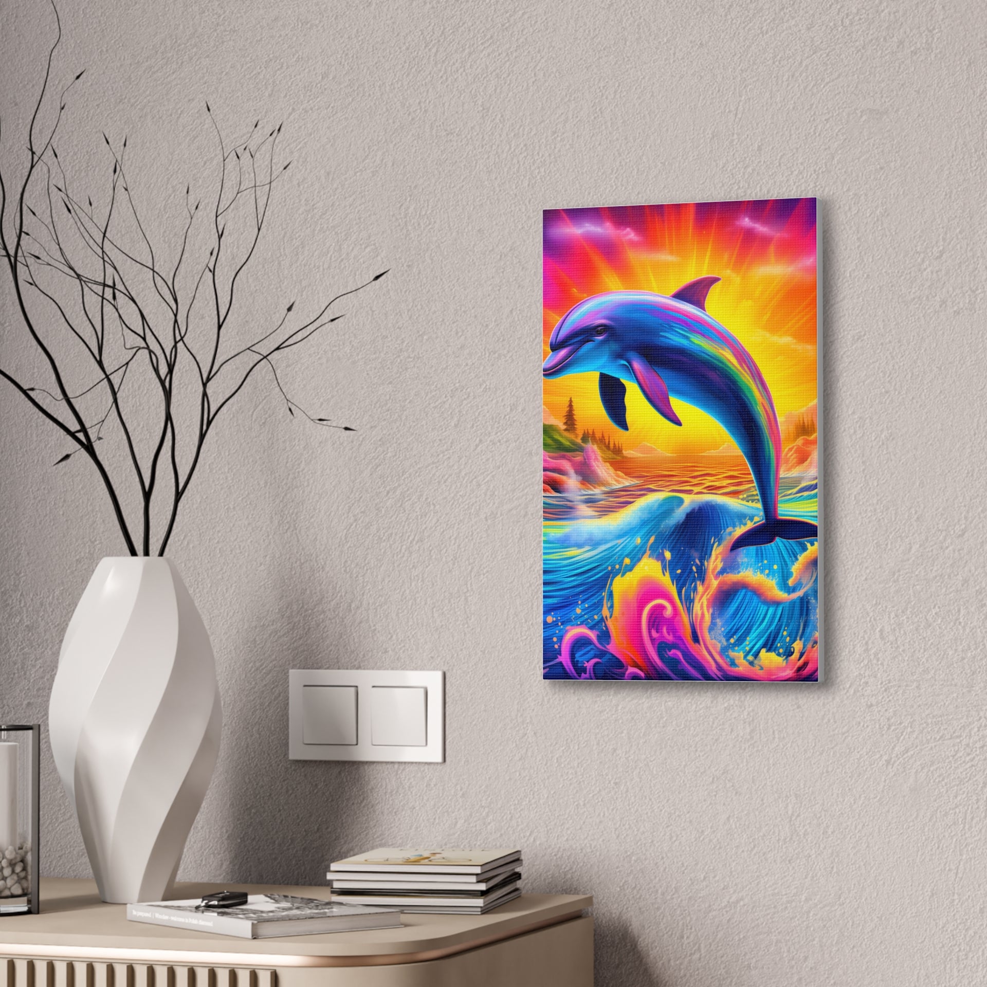 Ride the Waves of Imagination: Psychedelic Dolphin Rainbow Canvas Stretched, 0.75"