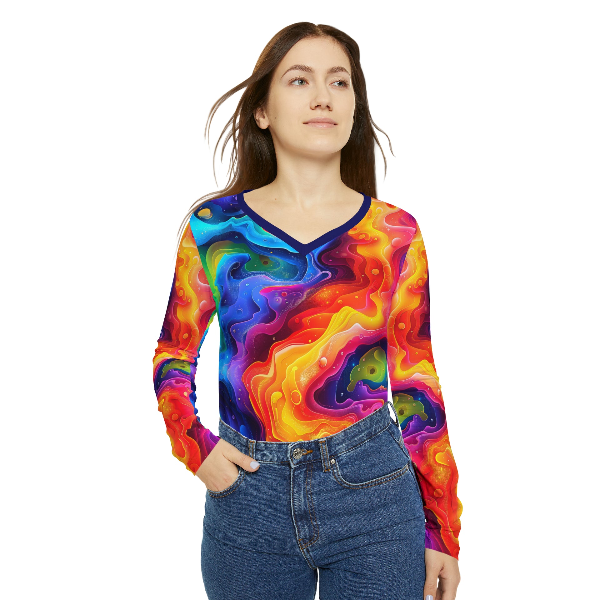 Radiant Rainbow Delight: Lisa Frank Inspired Long Sleeve V-neck for Vibrant Souls! | Women's Long Sleeve V-neck Shirt (AOP)