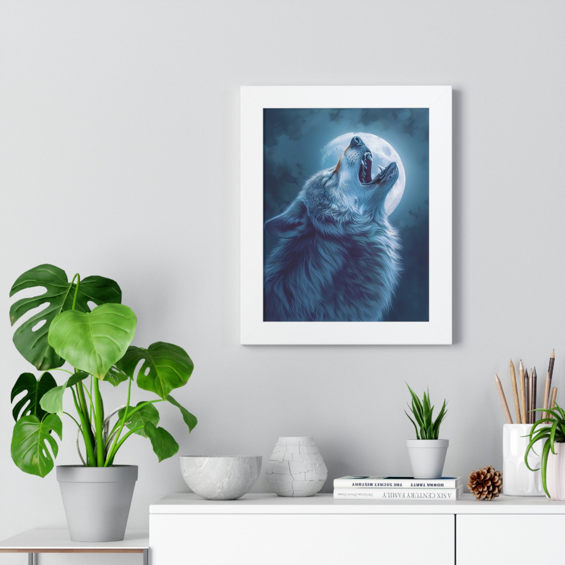 Midnight Howl: Epic Fantasy Wolf Poster Framed Vertical Poster