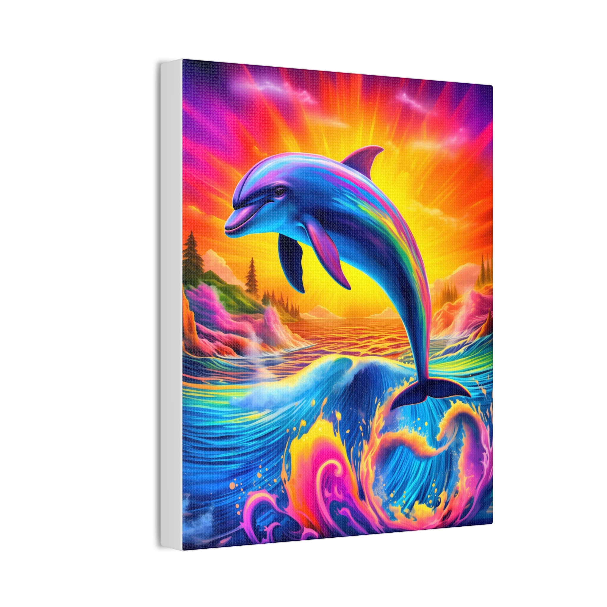 Ride the Waves of Imagination: Psychedelic Dolphin Rainbow Canvas Stretched, 0.75"