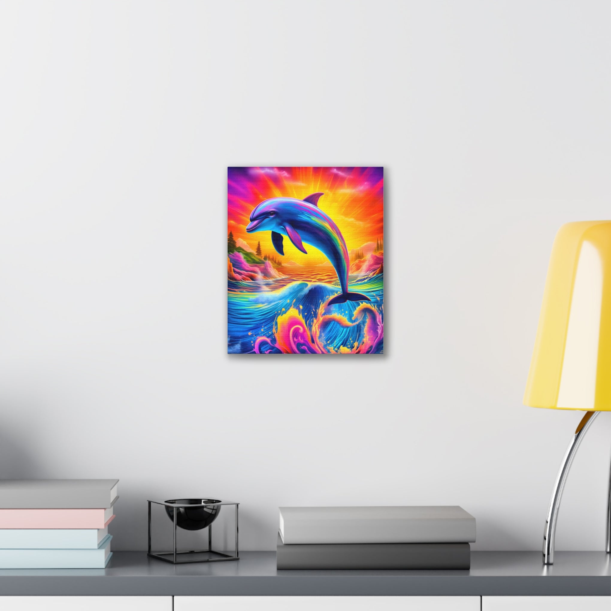 Ride the Waves of Imagination: Psychedelic Dolphin Rainbow Canvas Stretched, 0.75"