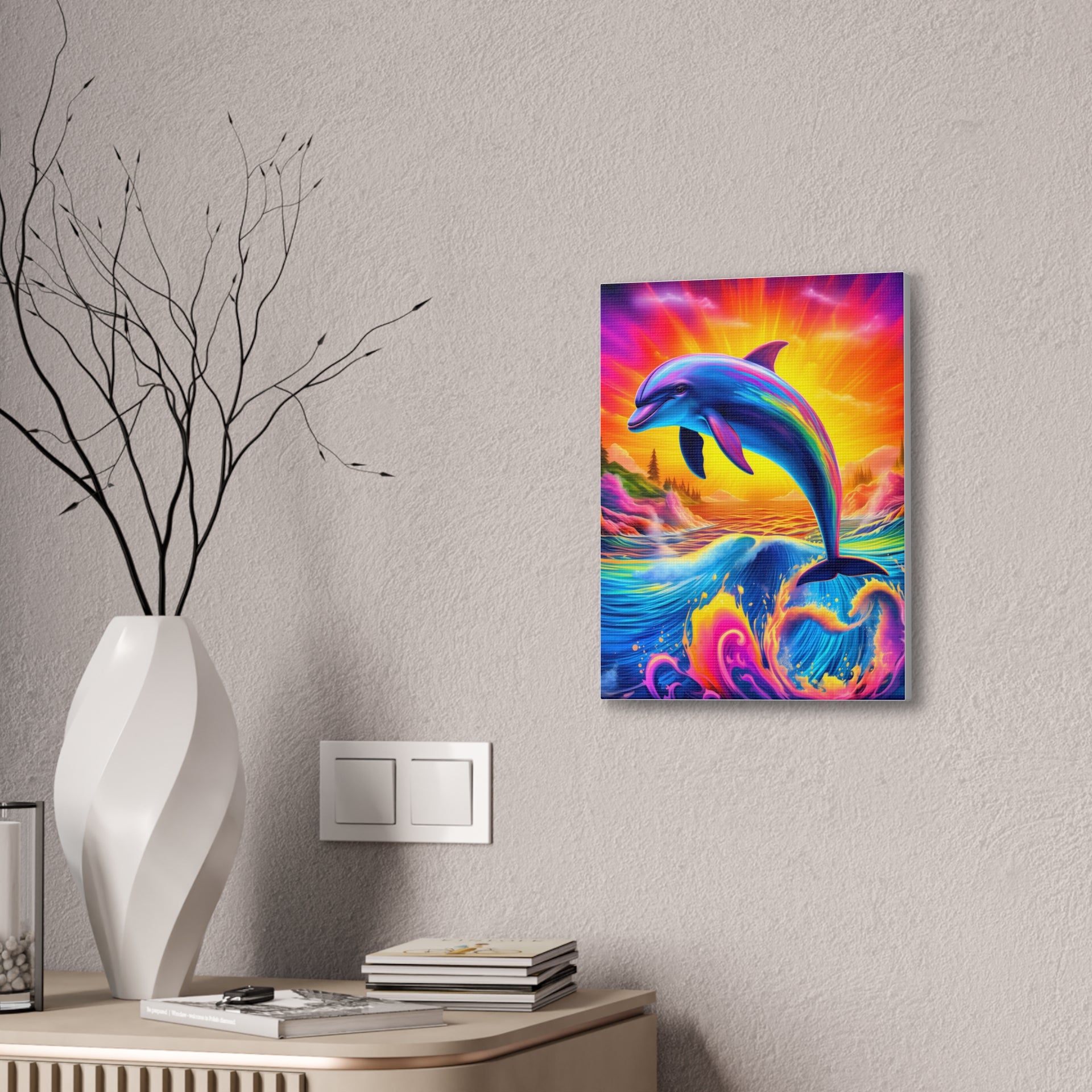 Ride the Waves of Imagination: Psychedelic Dolphin Rainbow Canvas Stretched, 0.75"