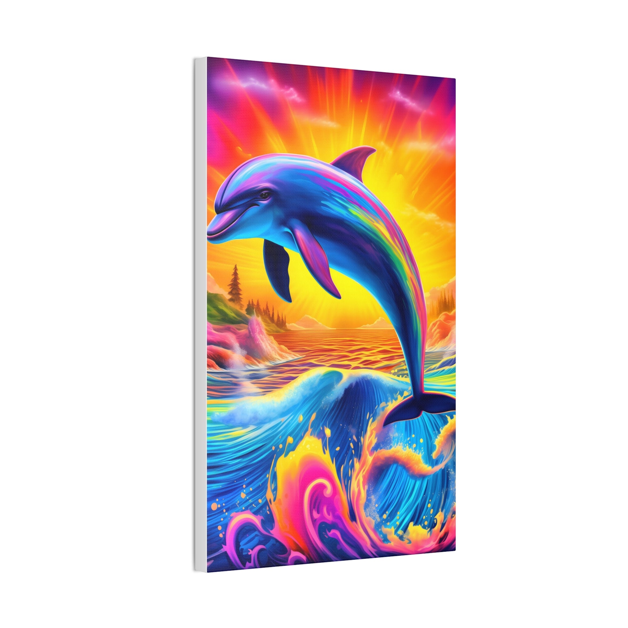 Ride the Waves of Imagination: Psychedelic Dolphin Rainbow Canvas Stretched, 0.75"