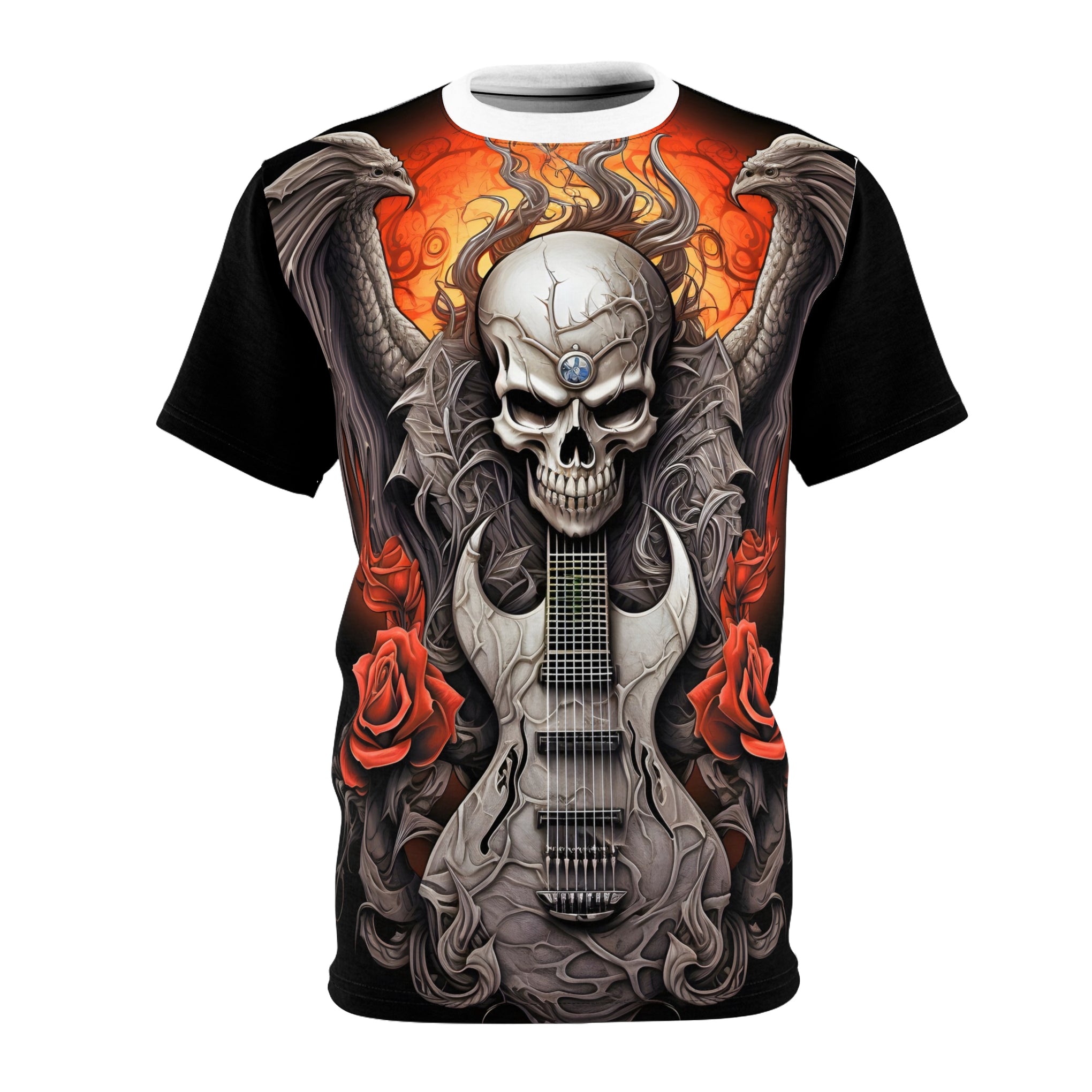 Unleash the Riff! Dragon-Winged Skull Shreds on Your New Tee Unisex Cut & Sew Tee (AOP)