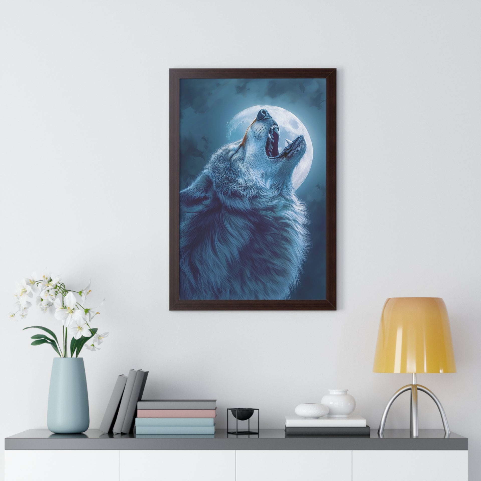 Midnight Howl: Epic Fantasy Wolf Poster Framed Vertical Poster