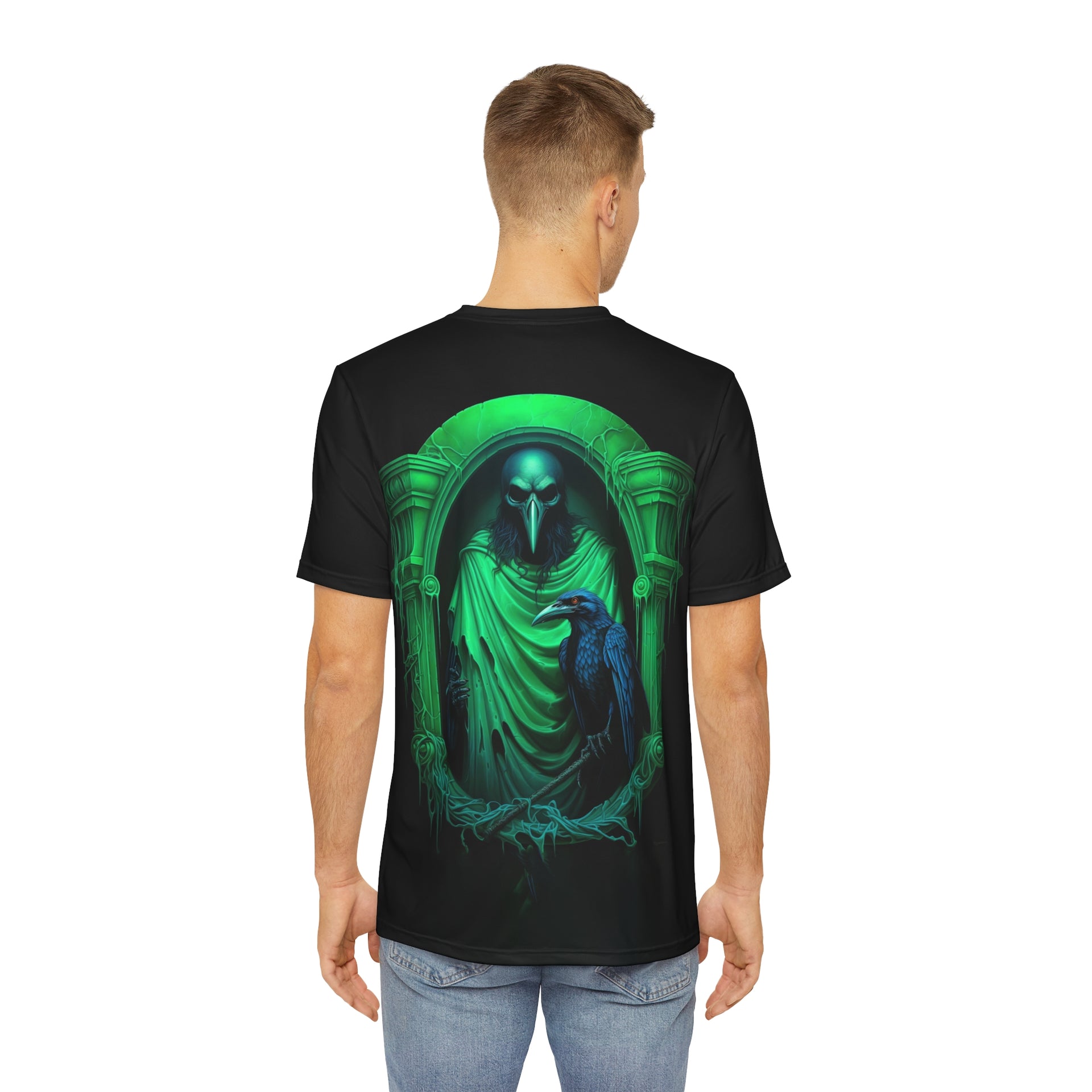 Grim Reaper Crow: Green and Emerald Decor Unisex Garment-Dyed Sweatshirt Men's Polyester Tee (AOP)