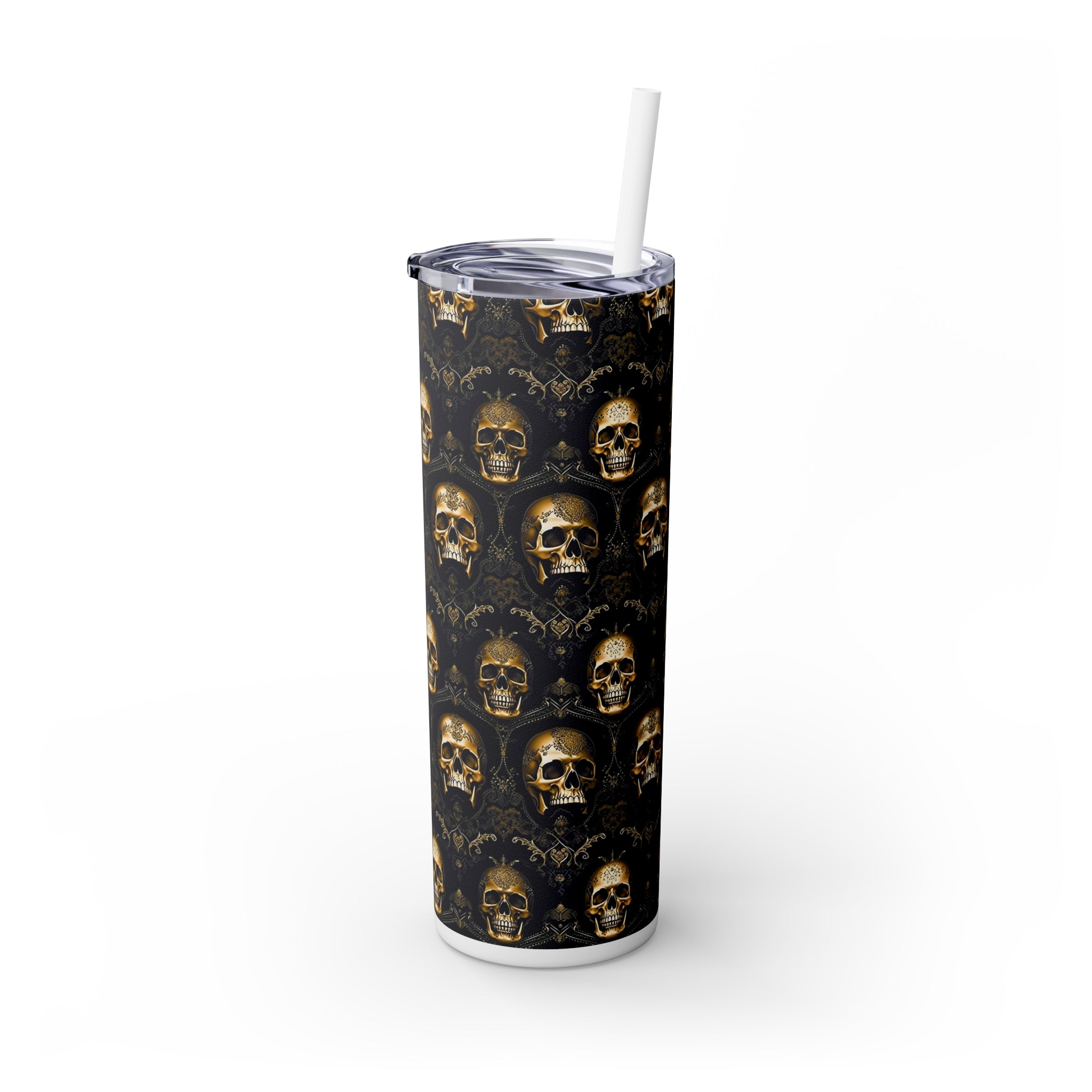 Elegance Meets Edge: The Sparkling Skull Skinny Tumbler with Straw, 20oz