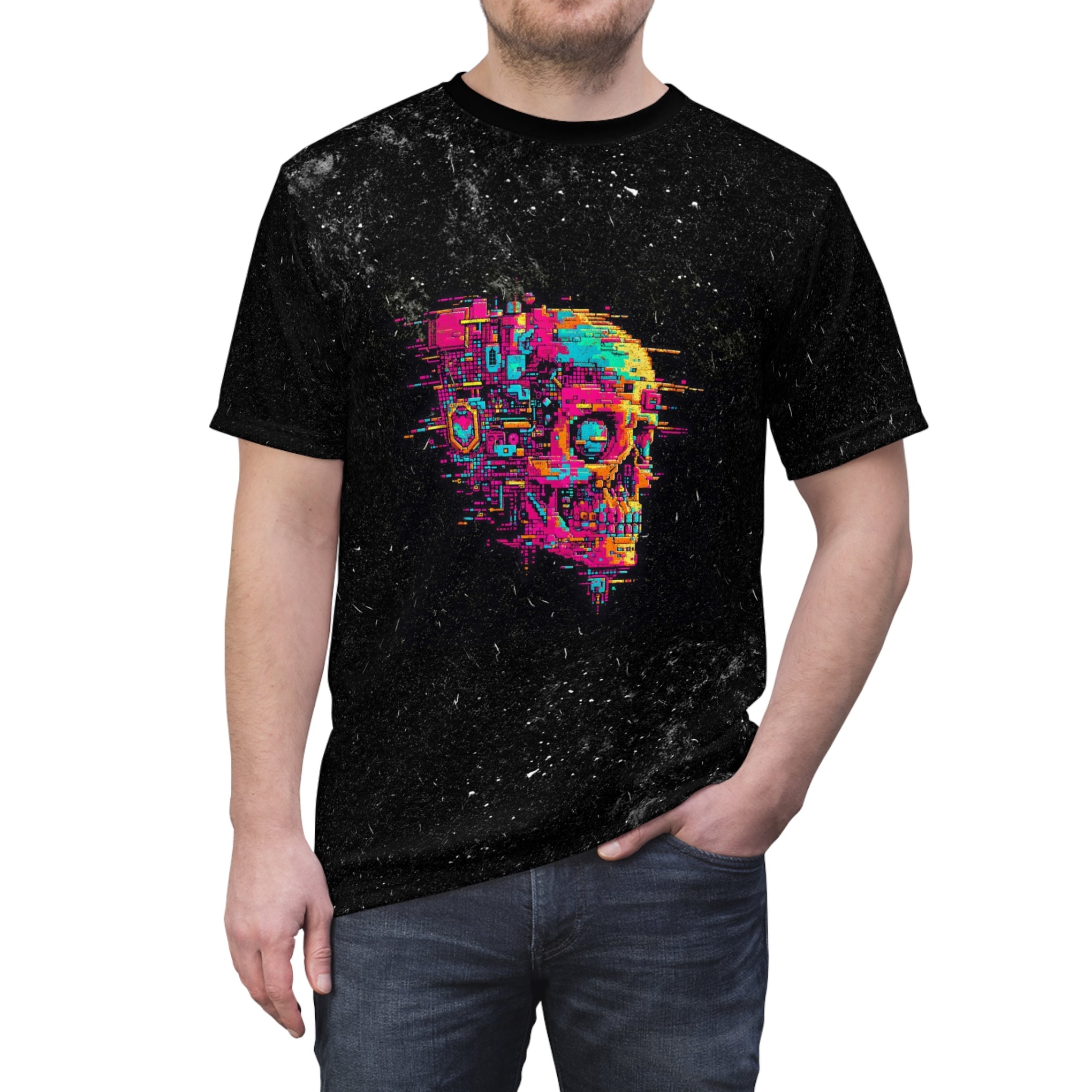 Pixelated Power: Cyborg Skull Art - A Blast from the Retro-Tech Future Unisex Cut & Sew Tee (AOP)