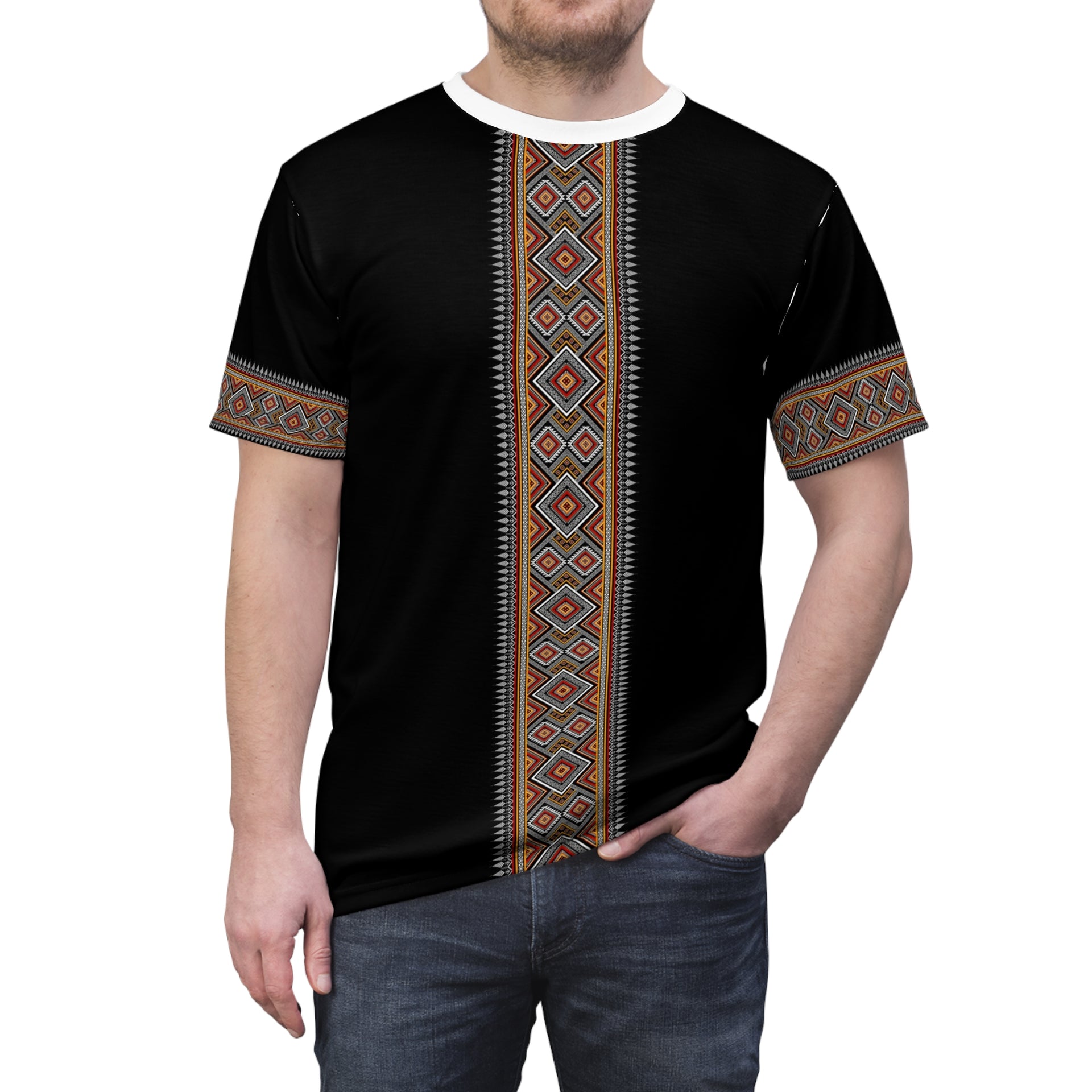 Ethiopian Diamond Symphony: Unisex Cut & Sew Tee with Vibrant Geometric Patterns