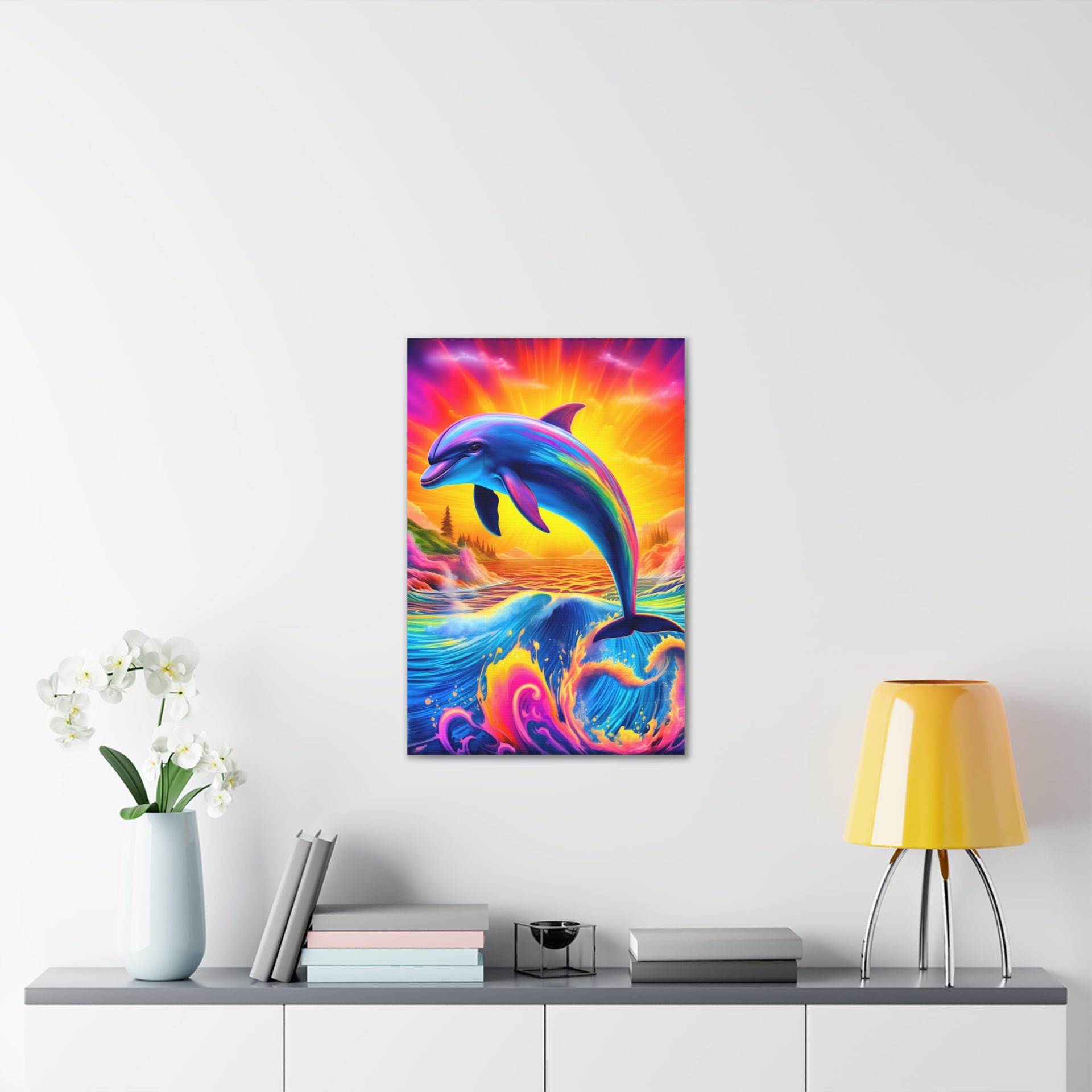 Ride the Waves of Imagination: Psychedelic Dolphin Rainbow Canvas Stretched, 0.75"