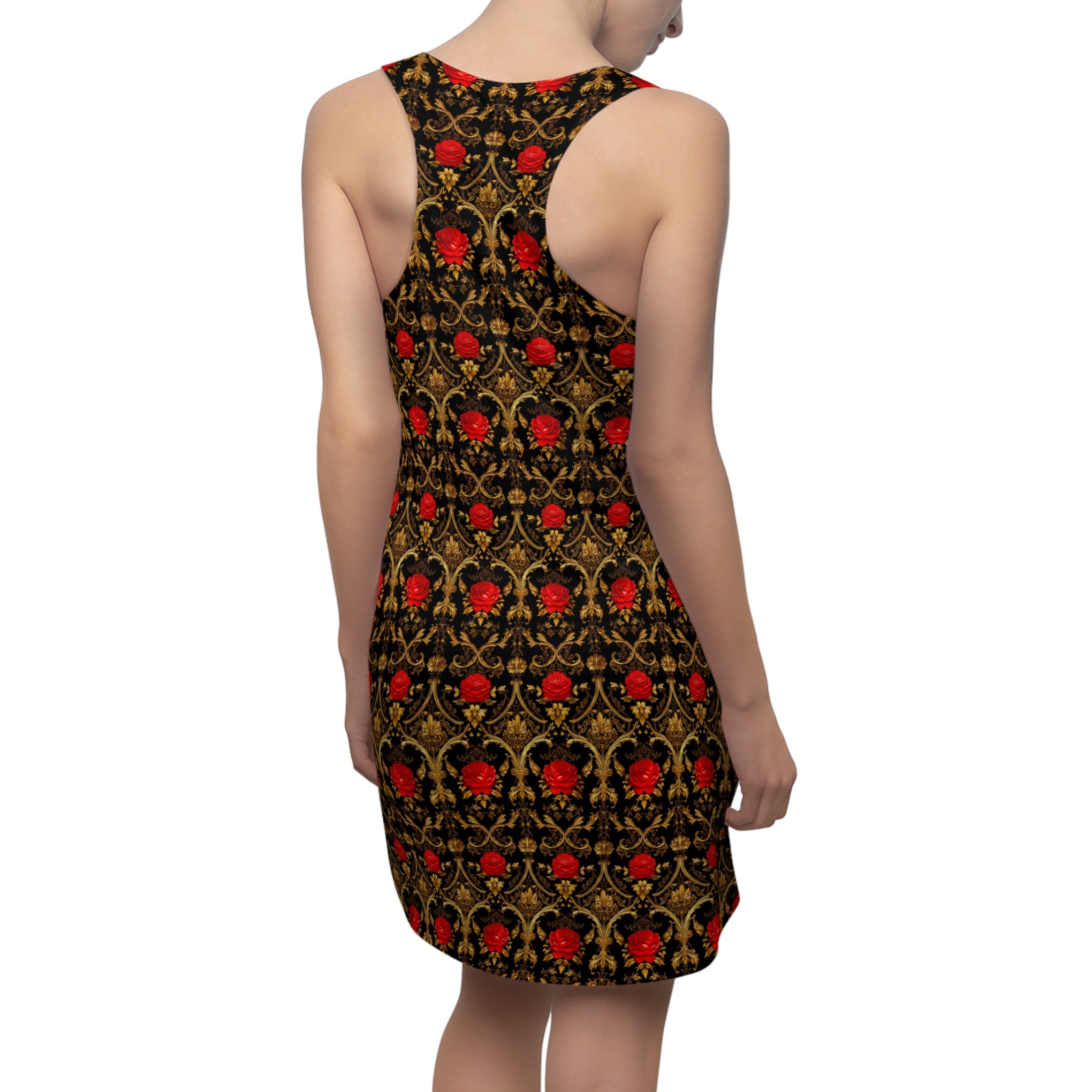 Vintage Red Rose & Gold Damask Women's Racerback Dress