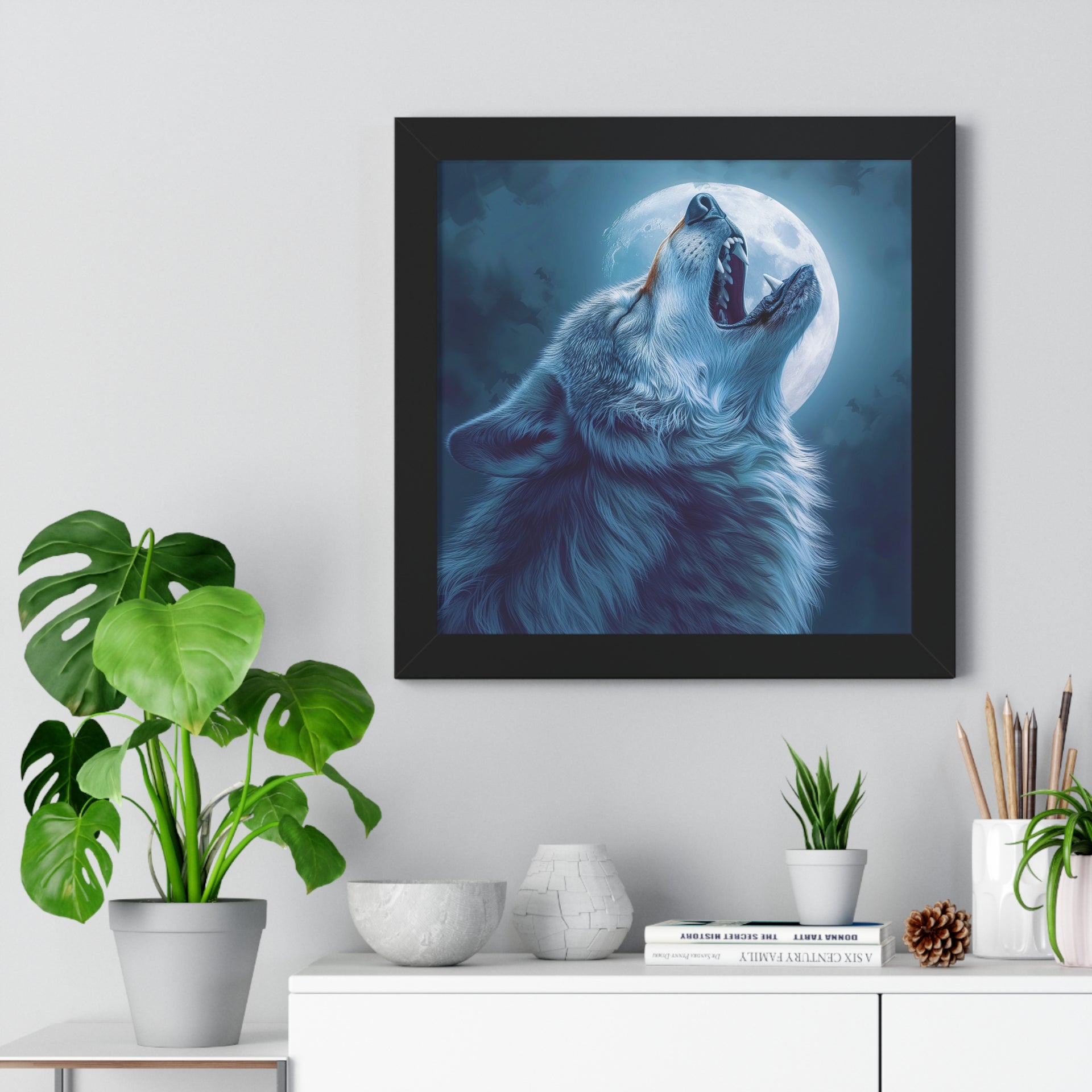 Midnight Howl: Epic Fantasy Wolf Poster Framed Vertical Poster