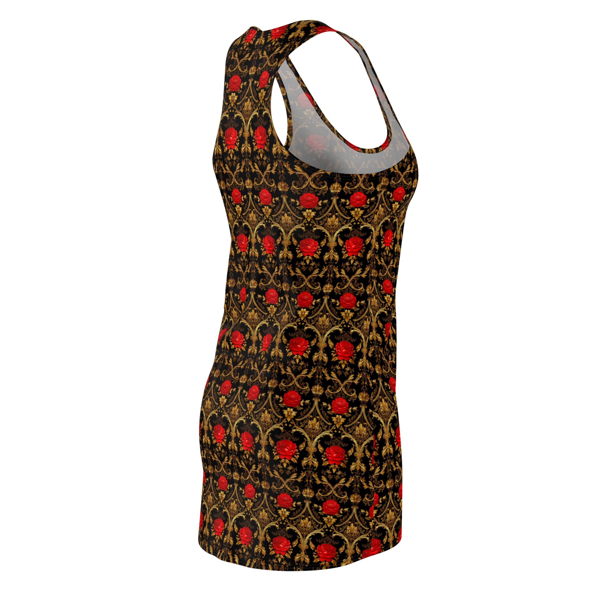 Vintage Red Rose & Gold Damask Women's Racerback Dress