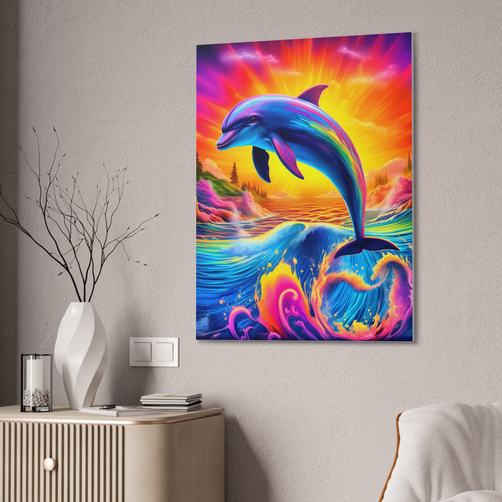 Ride the Waves of Imagination: Psychedelic Dolphin Rainbow Canvas Stretched, 0.75"