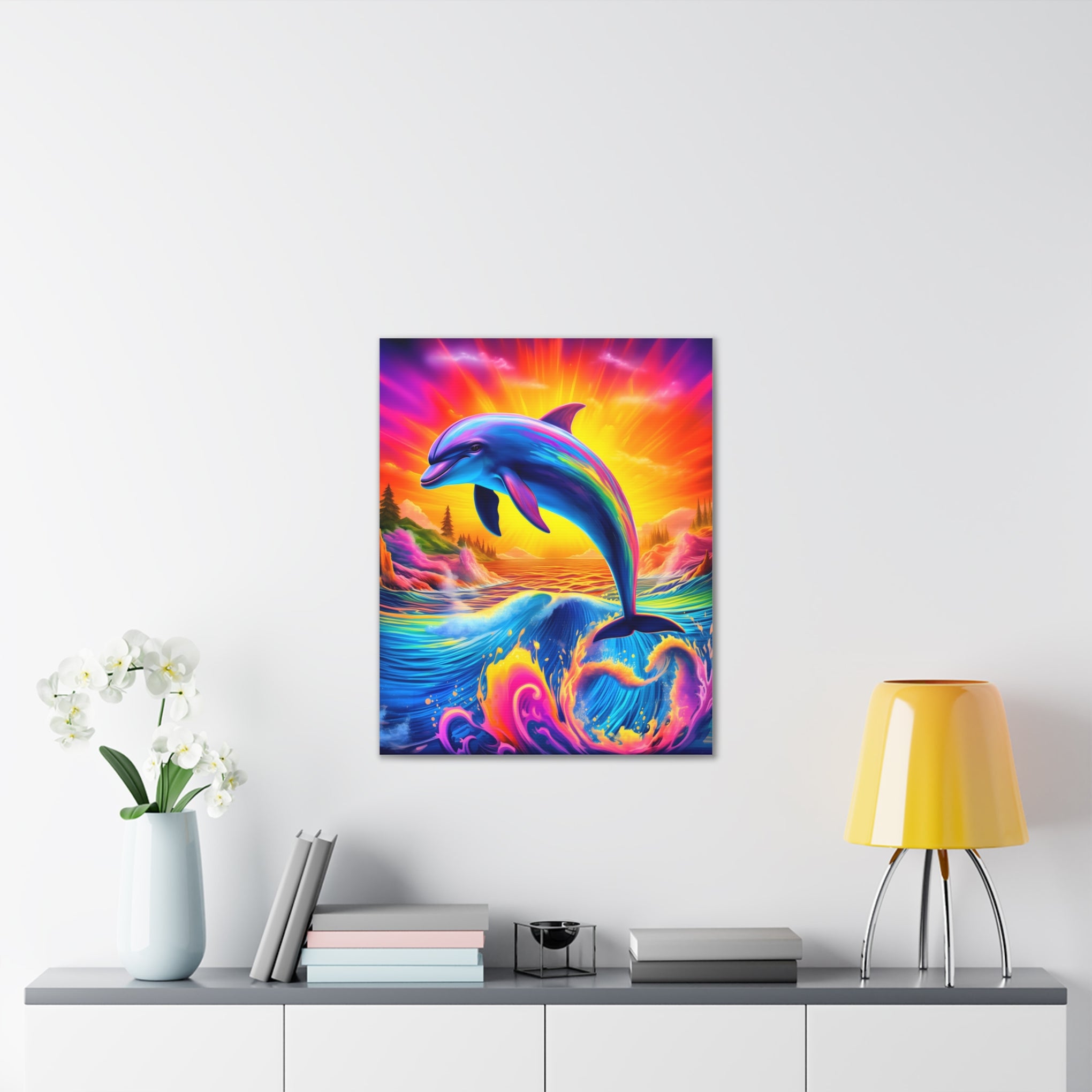 Ride the Waves of Imagination: Psychedelic Dolphin Rainbow Canvas Stretched, 0.75"