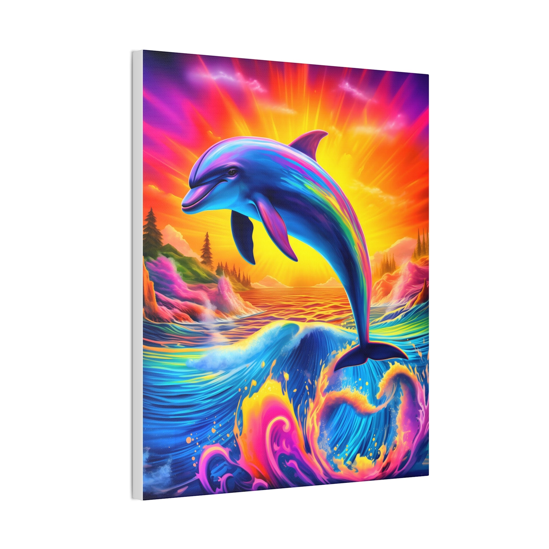 Ride the Waves of Imagination: Psychedelic Dolphin Rainbow Canvas Stretched, 0.75"