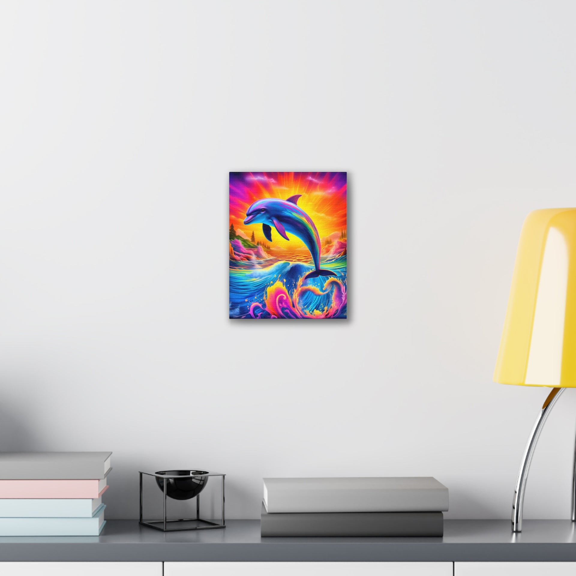 Ride the Waves of Imagination: Psychedelic Dolphin Rainbow Canvas Stretched, 0.75