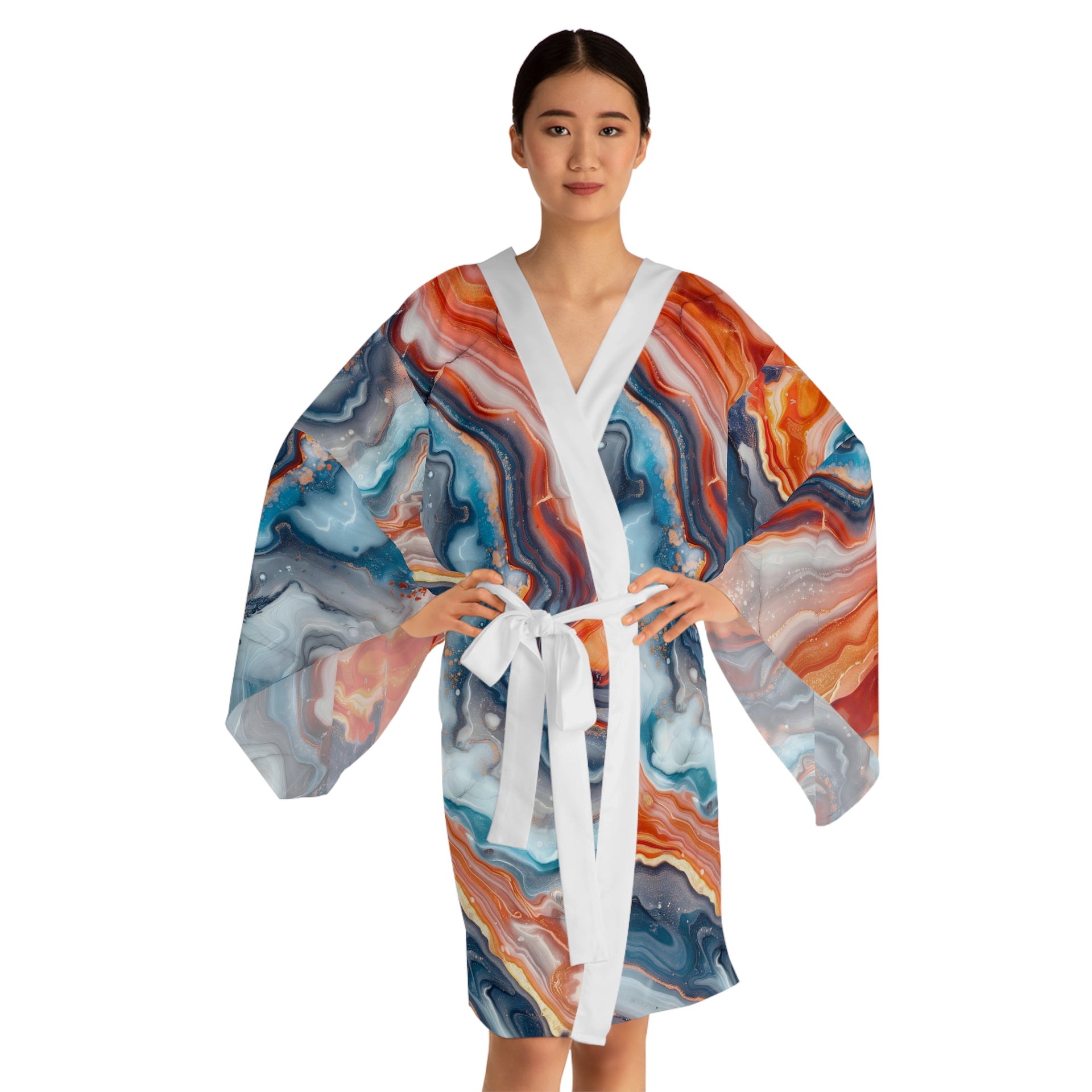 Unveiling Beauty: Immerse Yourself in Impressionistic Marble with This Luxe Kimono Robe | Long Sleeve Kimono Robe (AOP)