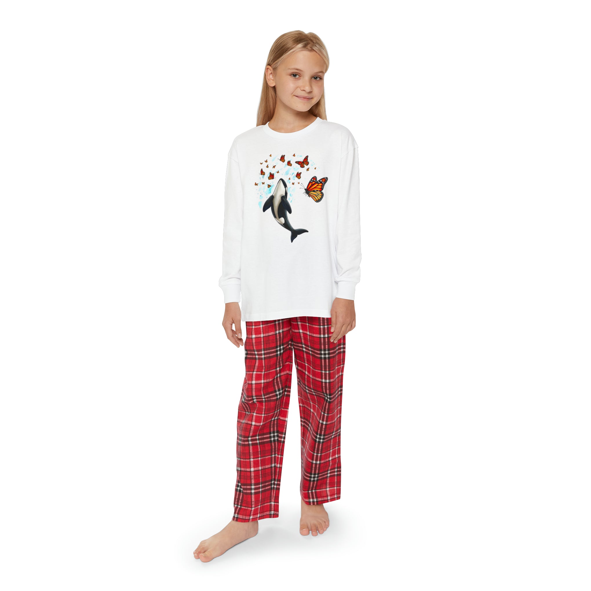 Majestic Harmony: Orca and Monarch Butterfly Youth Holiday Outfit Set | Youth Long Sleeve Holiday Outfit Set