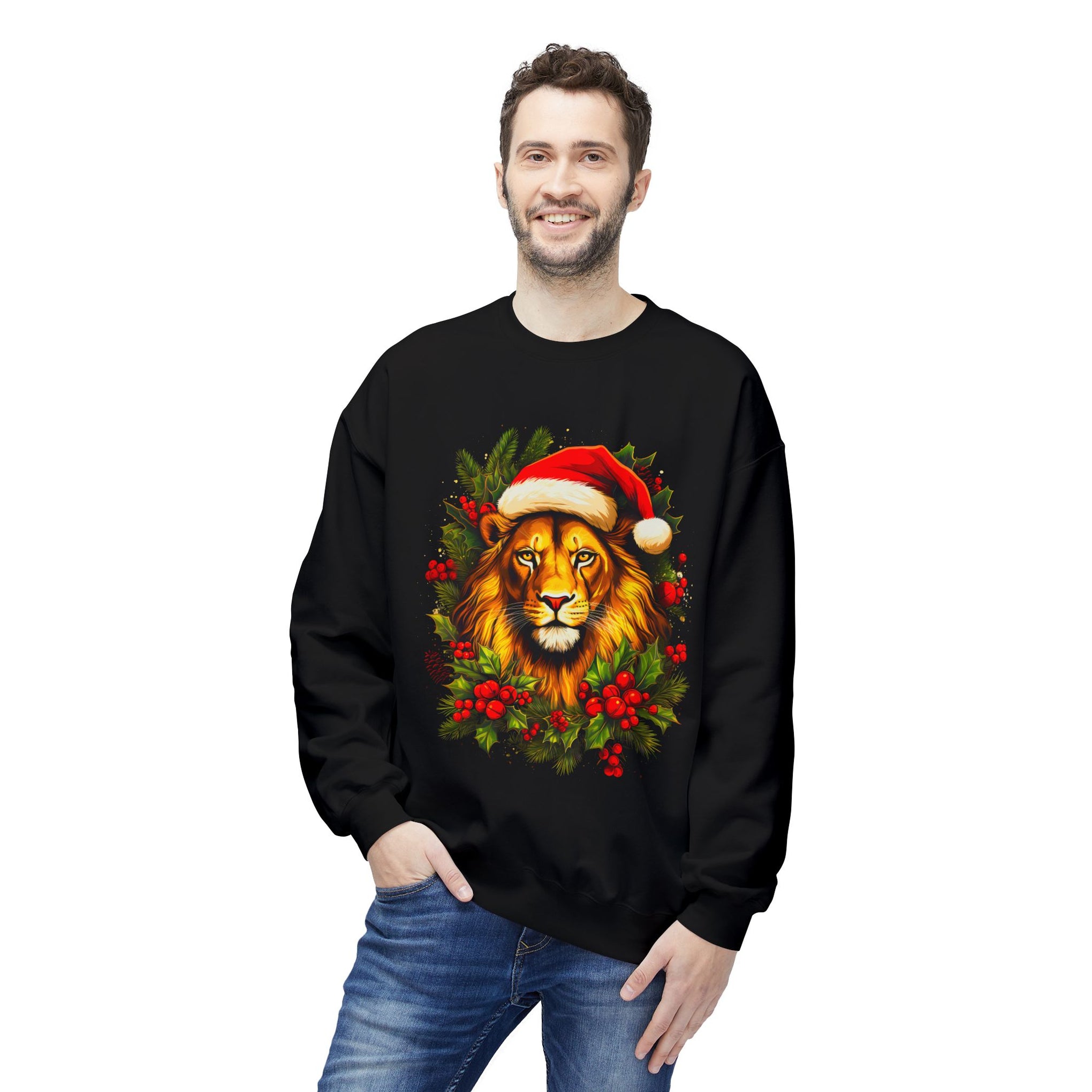 Majestic Lion with Santa Hat Unisex Christmas Sweatshirt | Holiday Apparel