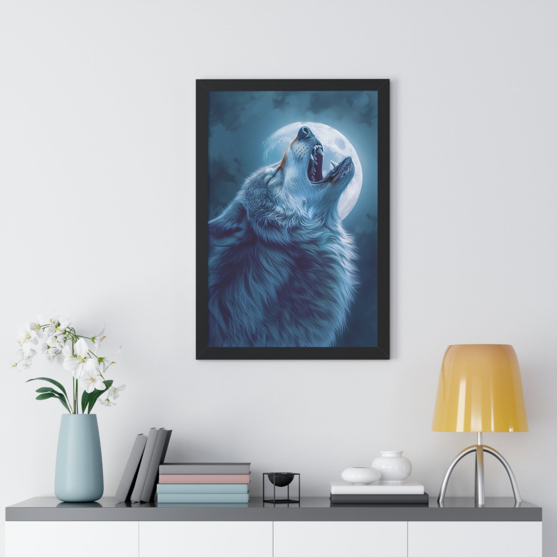 Midnight Howl: Epic Fantasy Wolf Poster Framed Vertical Poster