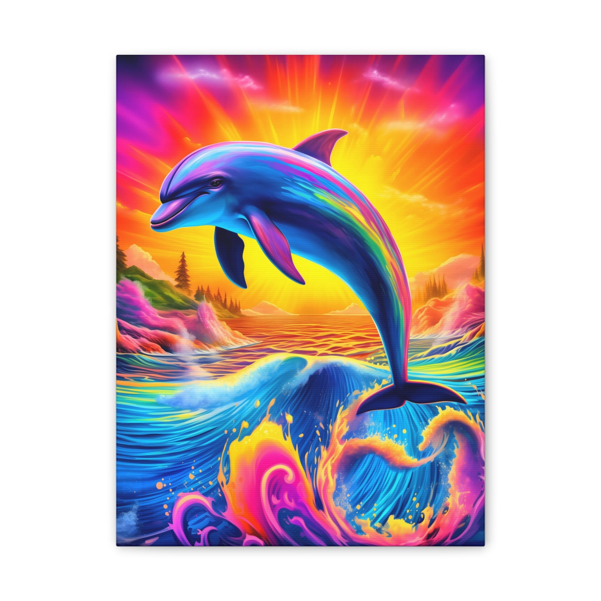 Ride the Waves of Imagination: Psychedelic Dolphin Rainbow Canvas Stretched, 0.75"