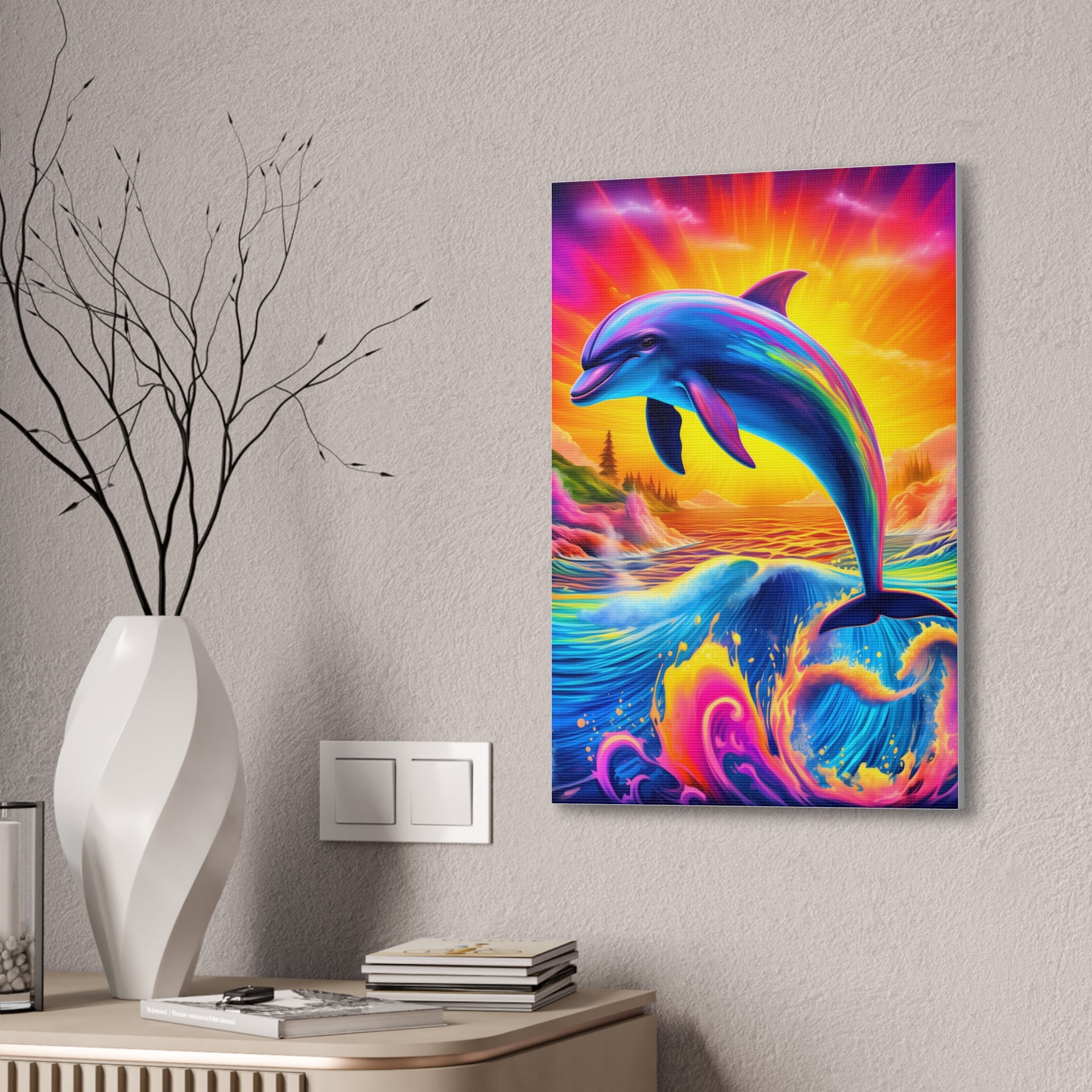 Ride the Waves of Imagination: Psychedelic Dolphin Rainbow Canvas Stretched, 0.75"