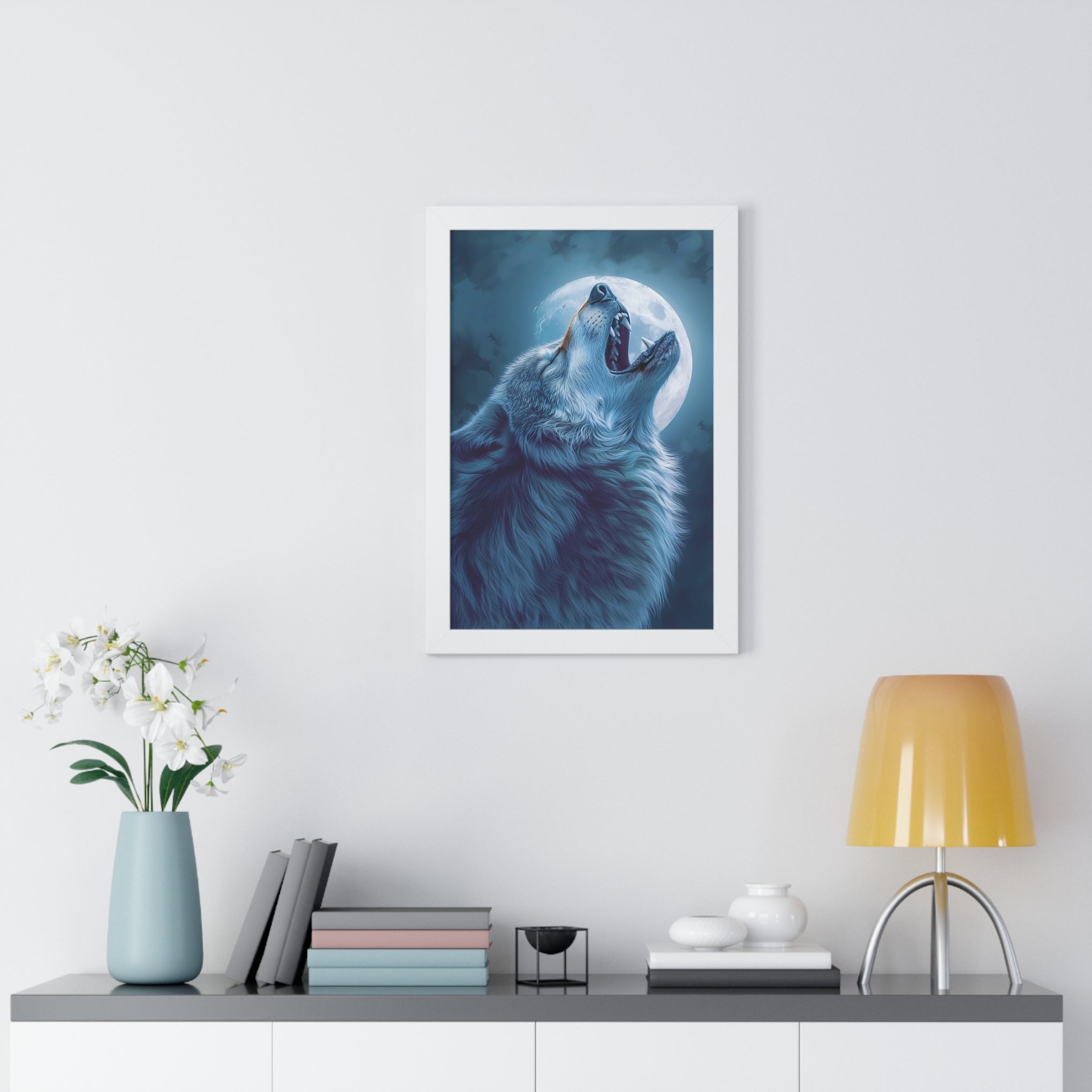 Midnight Howl: Epic Fantasy Wolf Poster Framed Vertical Poster