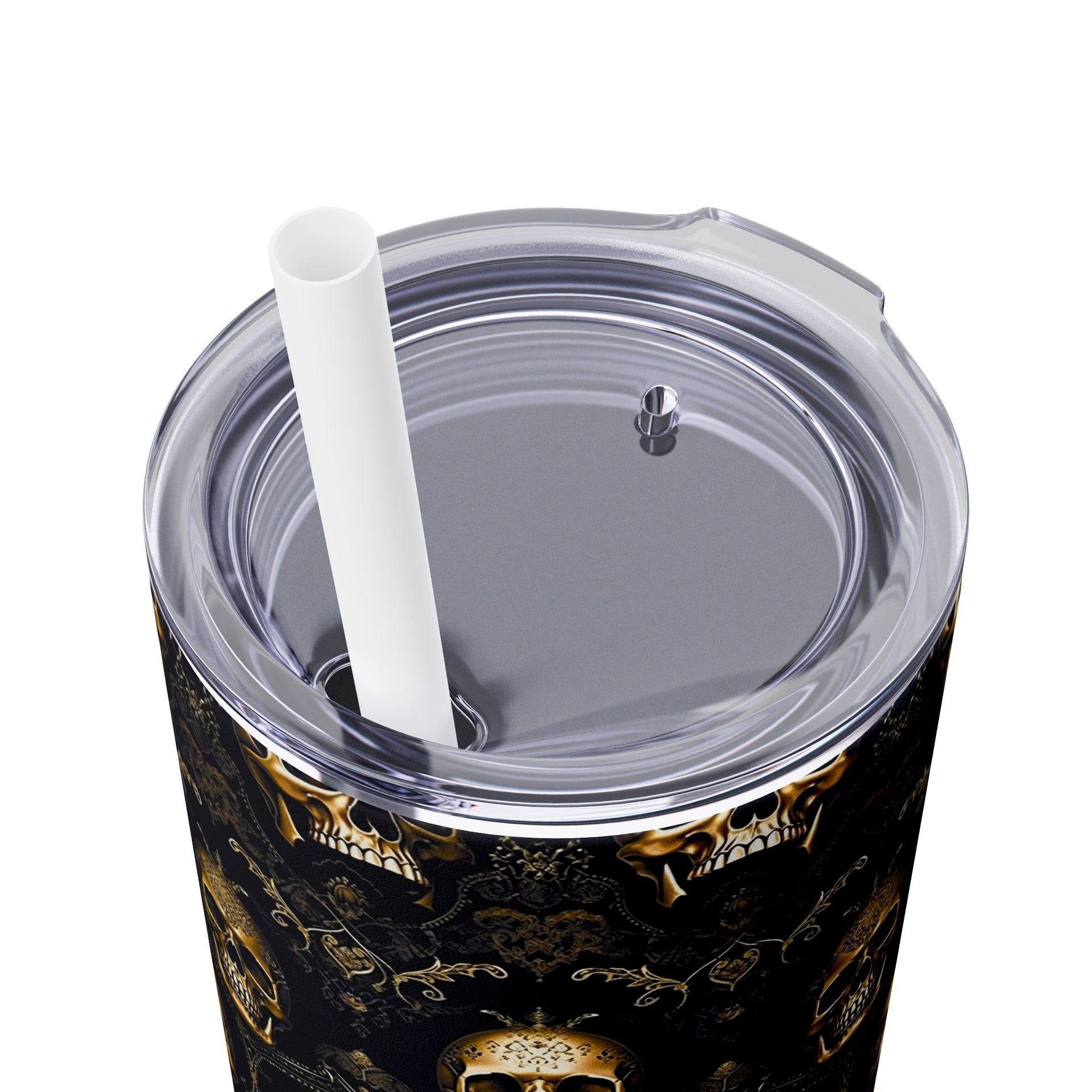 Elegance Meets Edge: The Sparkling Skull Skinny Tumbler with Straw, 20oz