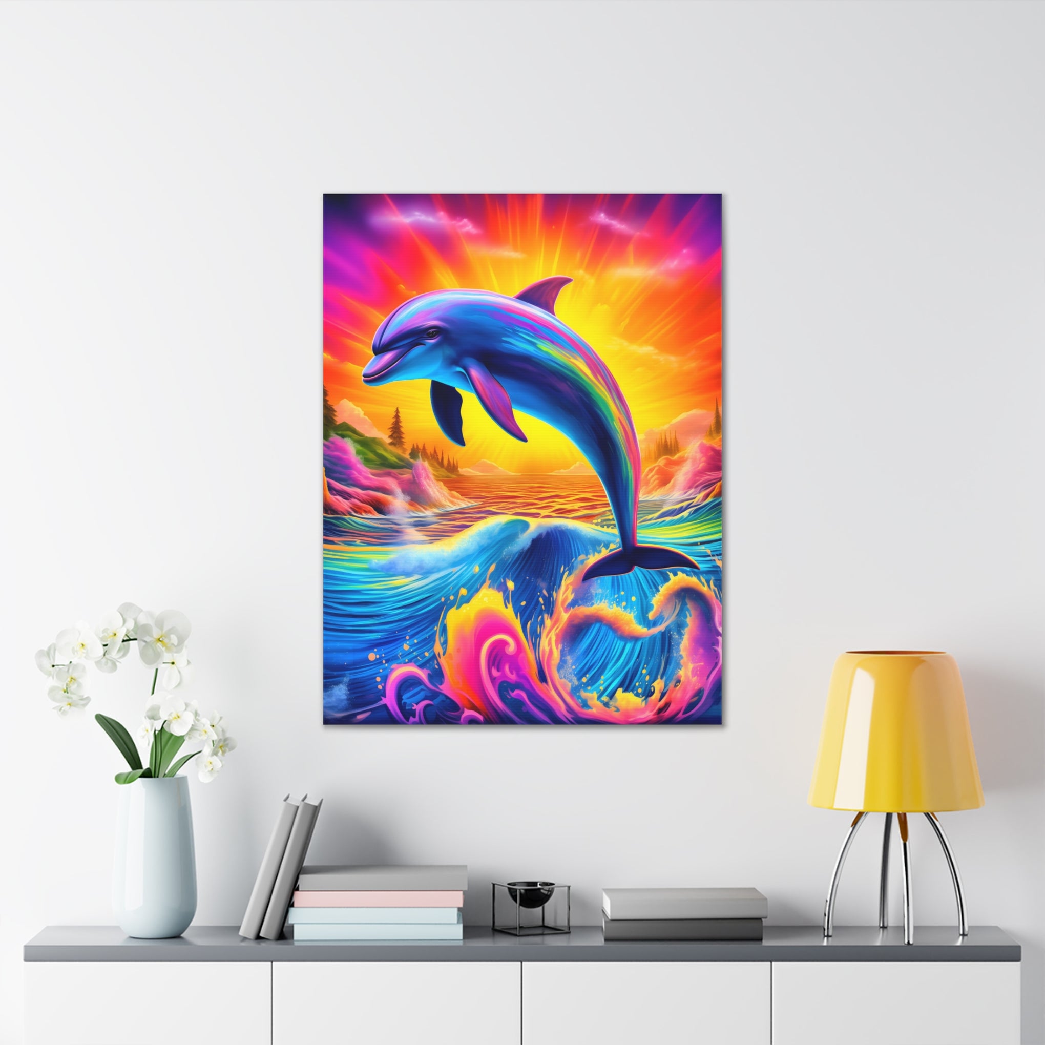 Ride the Waves of Imagination: Psychedelic Dolphin Rainbow Canvas Stretched, 0.75"