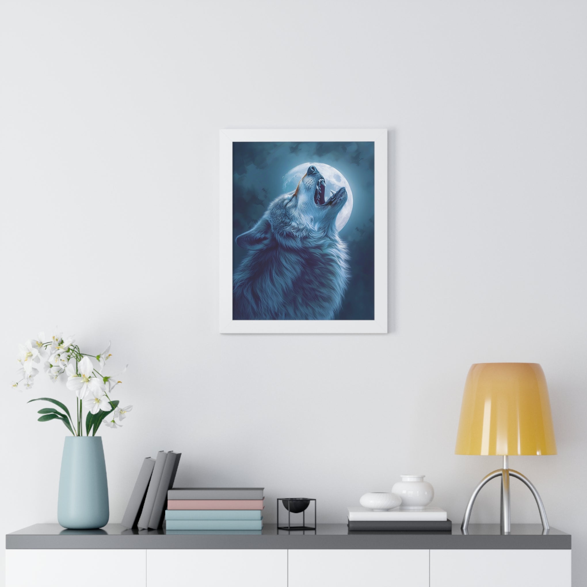 Midnight Howl: Epic Fantasy Wolf Poster Framed Vertical Poster