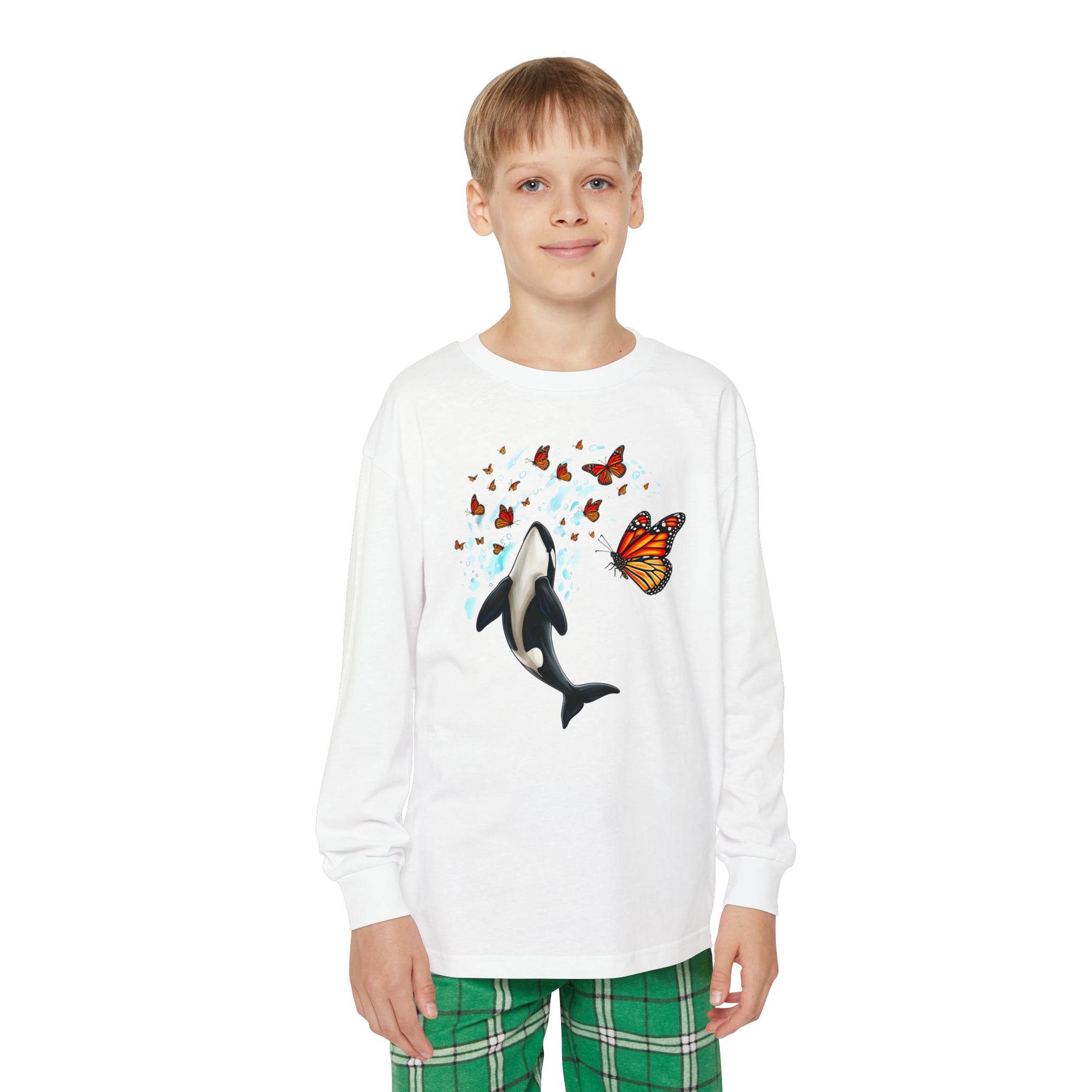 Majestic Harmony: Orca and Monarch Butterfly Youth Holiday Outfit Set | Youth Long Sleeve Holiday Outfit Set