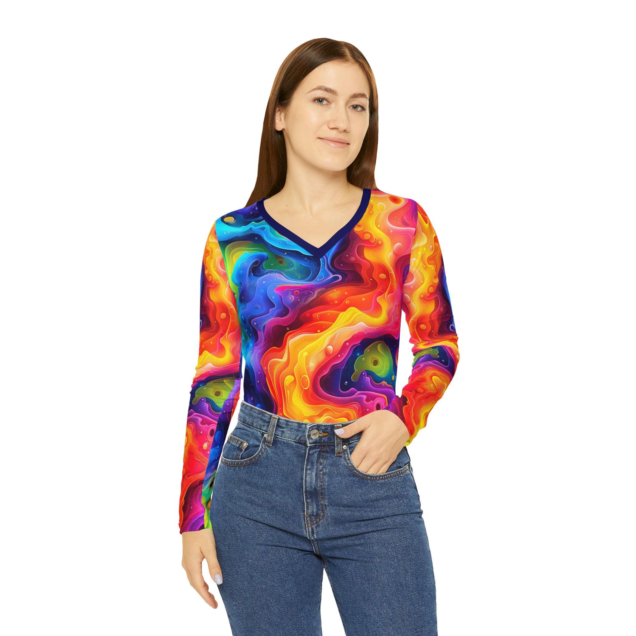 Radiant Rainbow Delight: Lisa Frank Inspired Long Sleeve V-neck for Vibrant Souls! | Women's Long Sleeve V-neck Shirt (AOP)