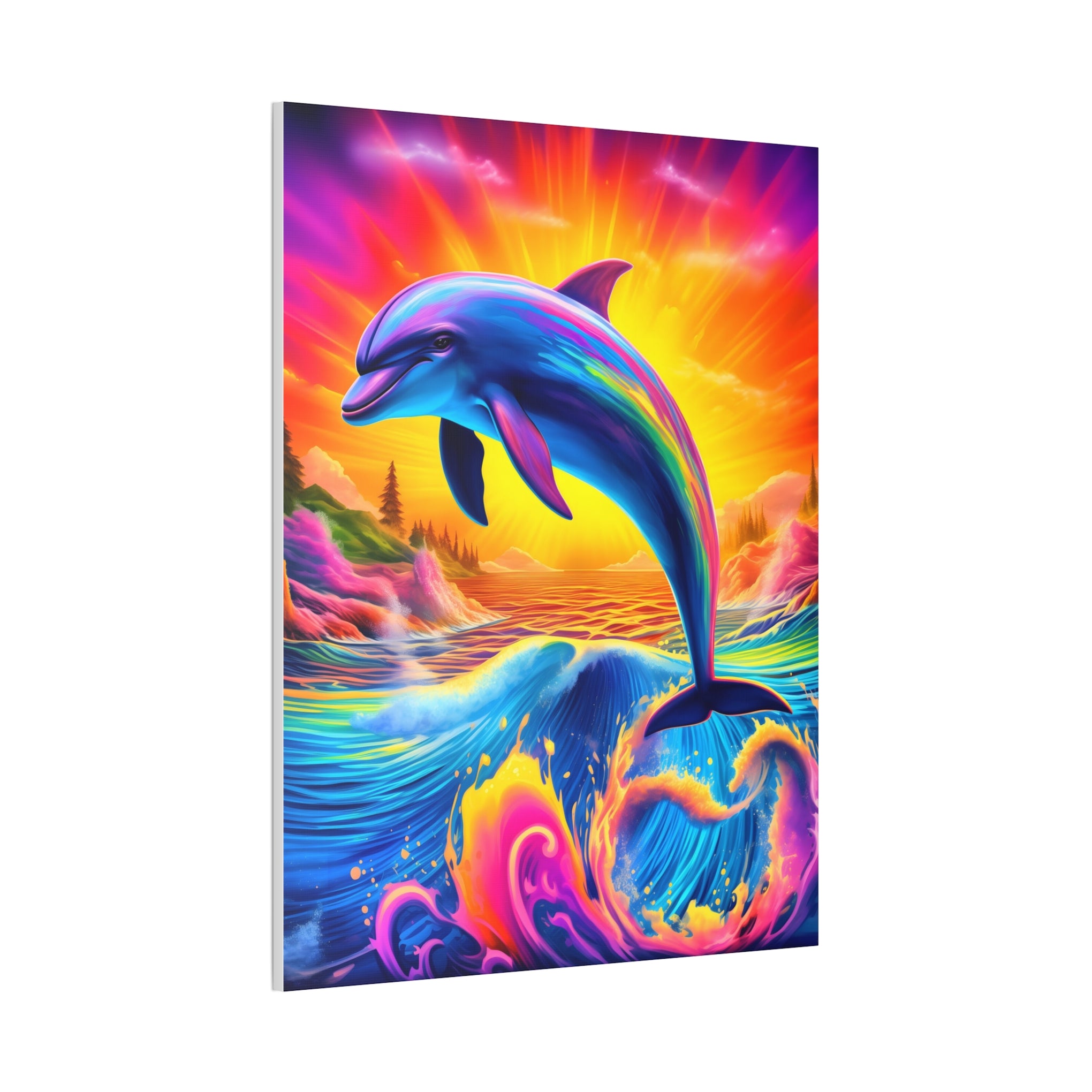 Ride the Waves of Imagination: Psychedelic Dolphin Rainbow Canvas Stretched, 0.75"