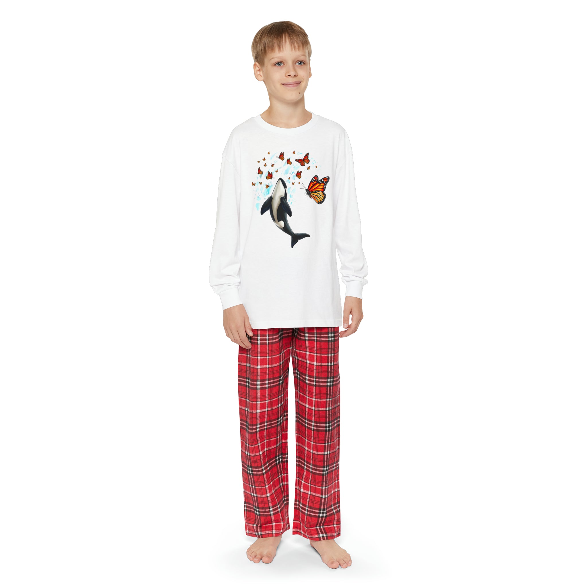 Majestic Harmony: Orca and Monarch Butterfly Youth Holiday Outfit Set | Youth Long Sleeve Holiday Outfit Set