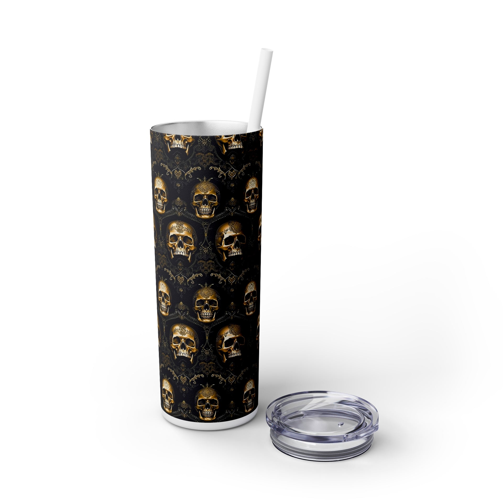 Elegance Meets Edge: The Sparkling Skull Skinny Tumbler with Straw, 20oz