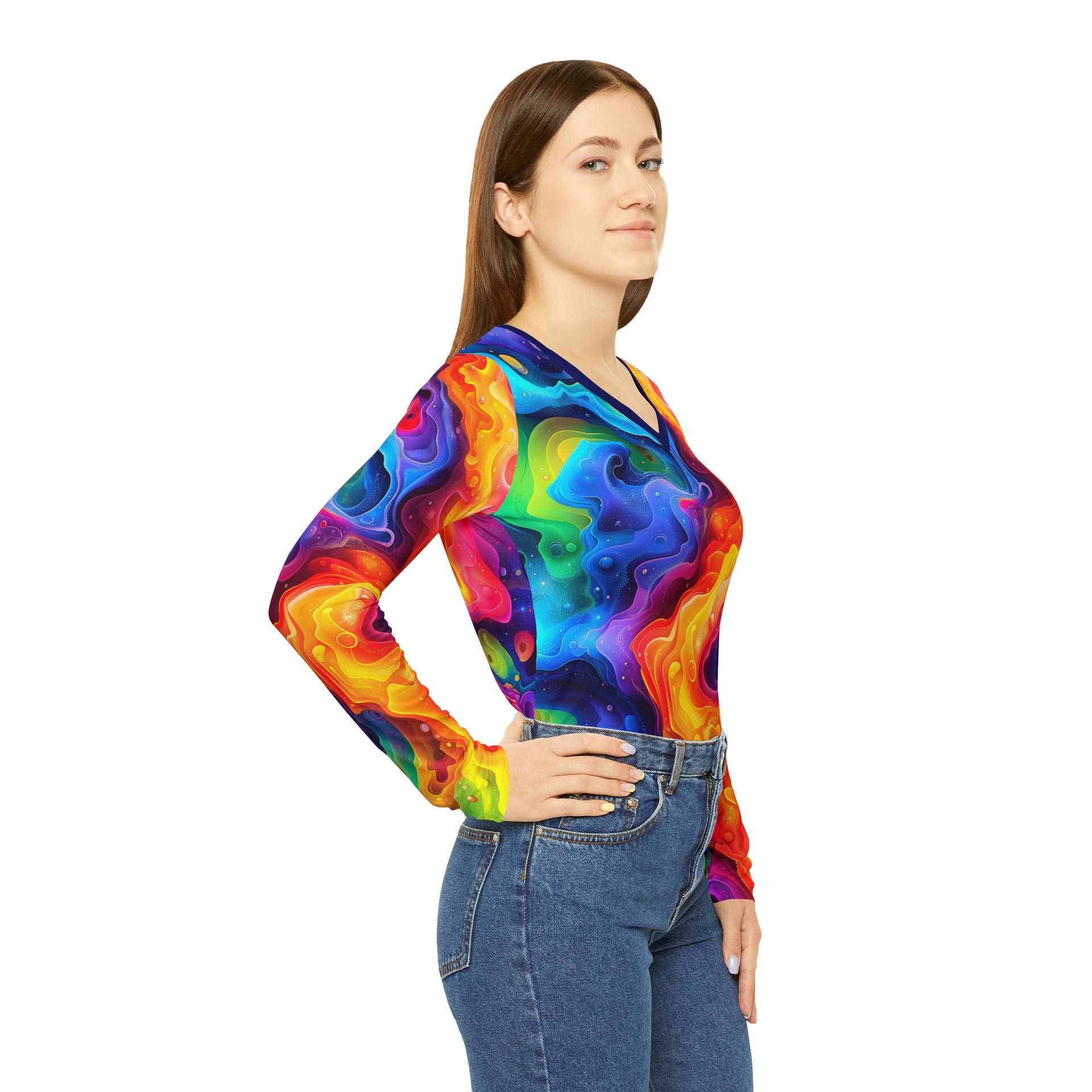 Radiant Rainbow Delight: Lisa Frank Inspired Long Sleeve V-neck for Vibrant Souls! | Women's Long Sleeve V-neck Shirt (AOP)