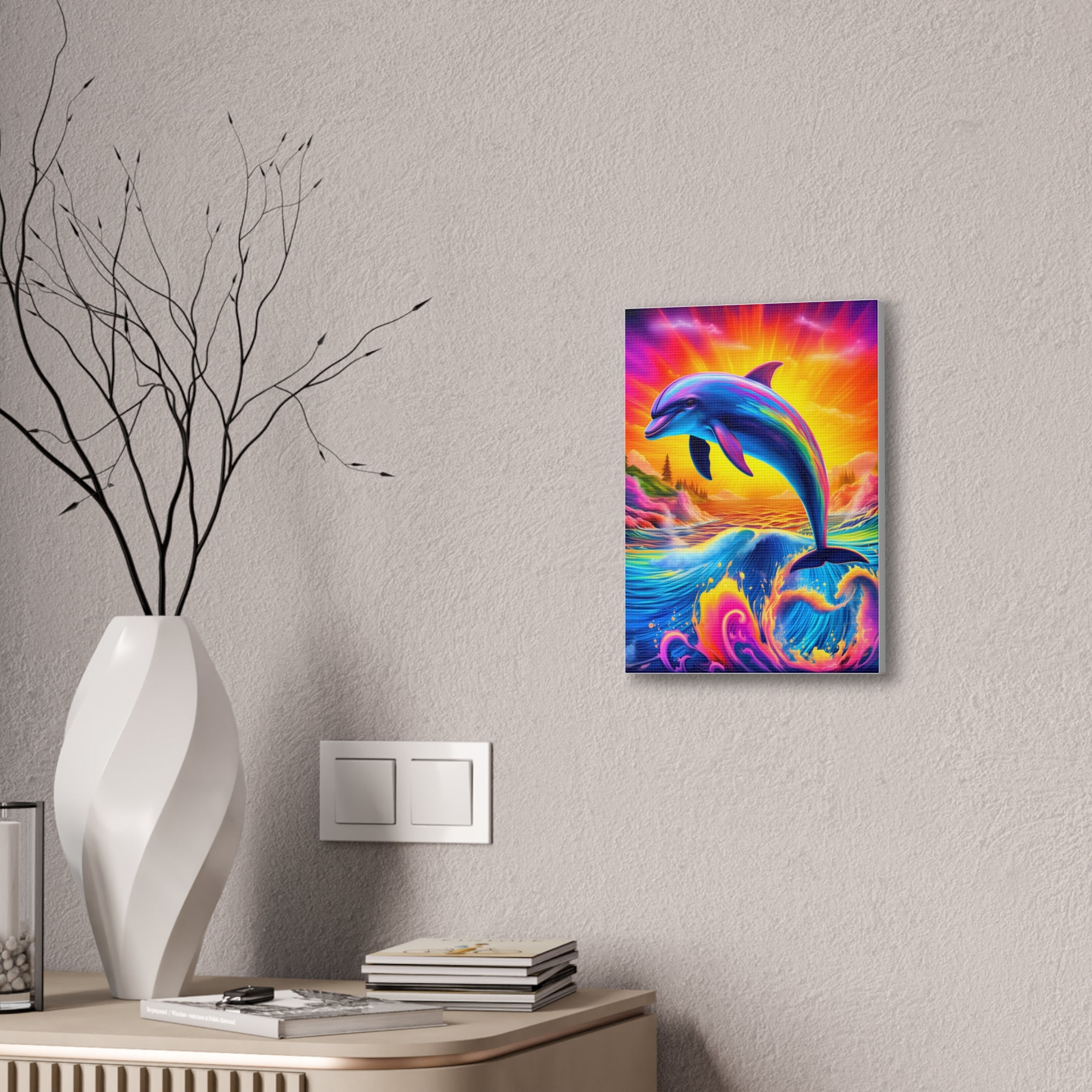 Ride the Waves of Imagination: Psychedelic Dolphin Rainbow Canvas Stretched, 0.75"