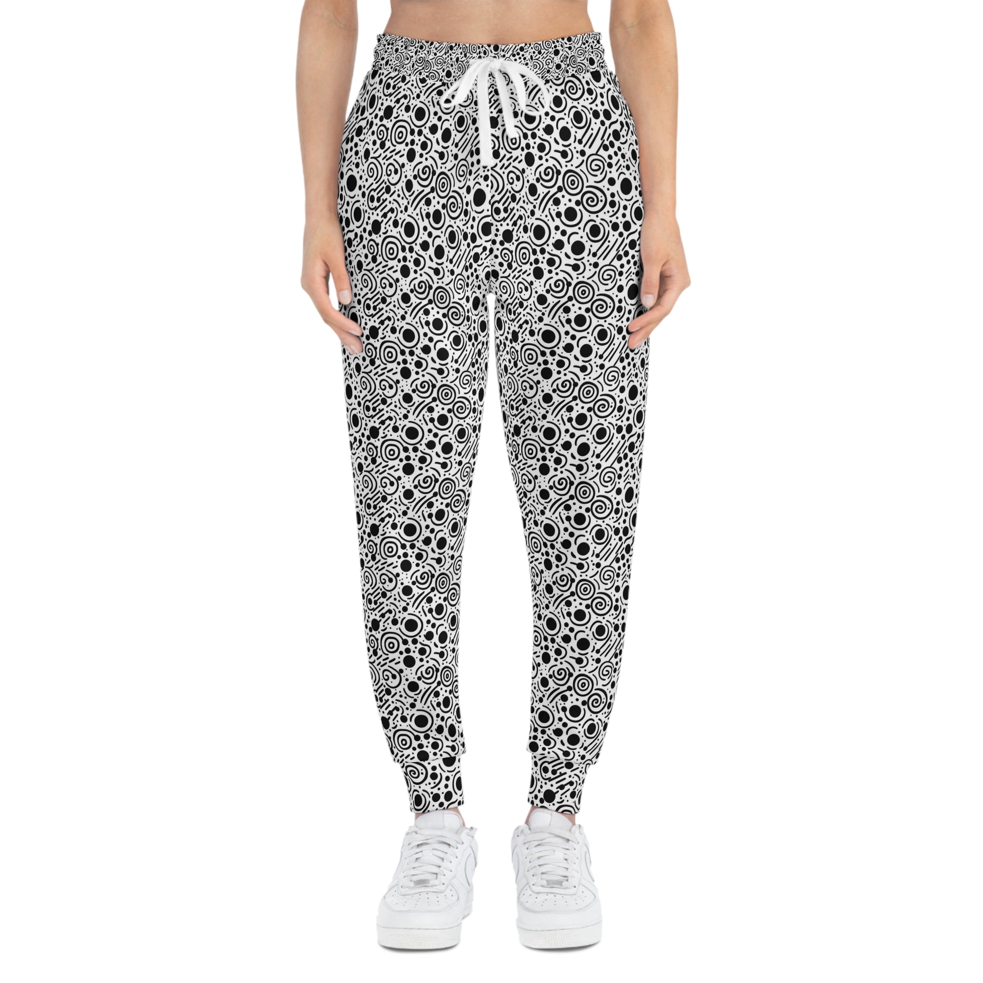 Unwind in Whimsy: Flowing Lines & Comfort in These Black & White Joggers | Athletic Joggers (AOP)